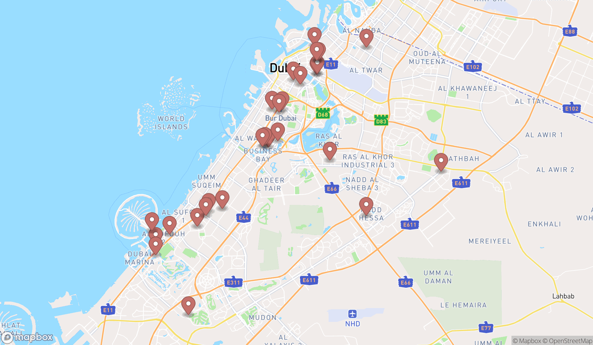 Map showing the search results in Dubai