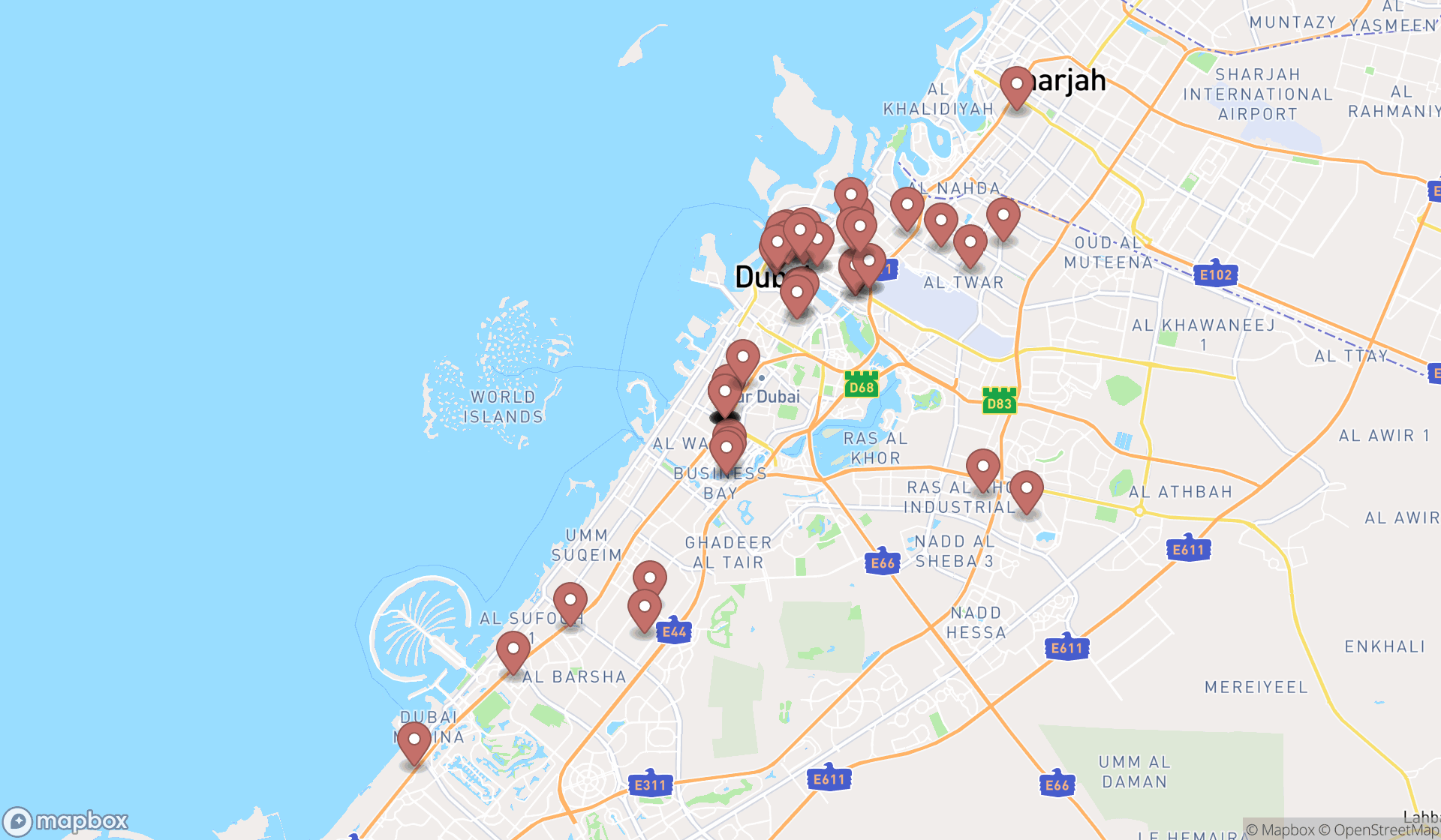 Map showing the search results in Dubai