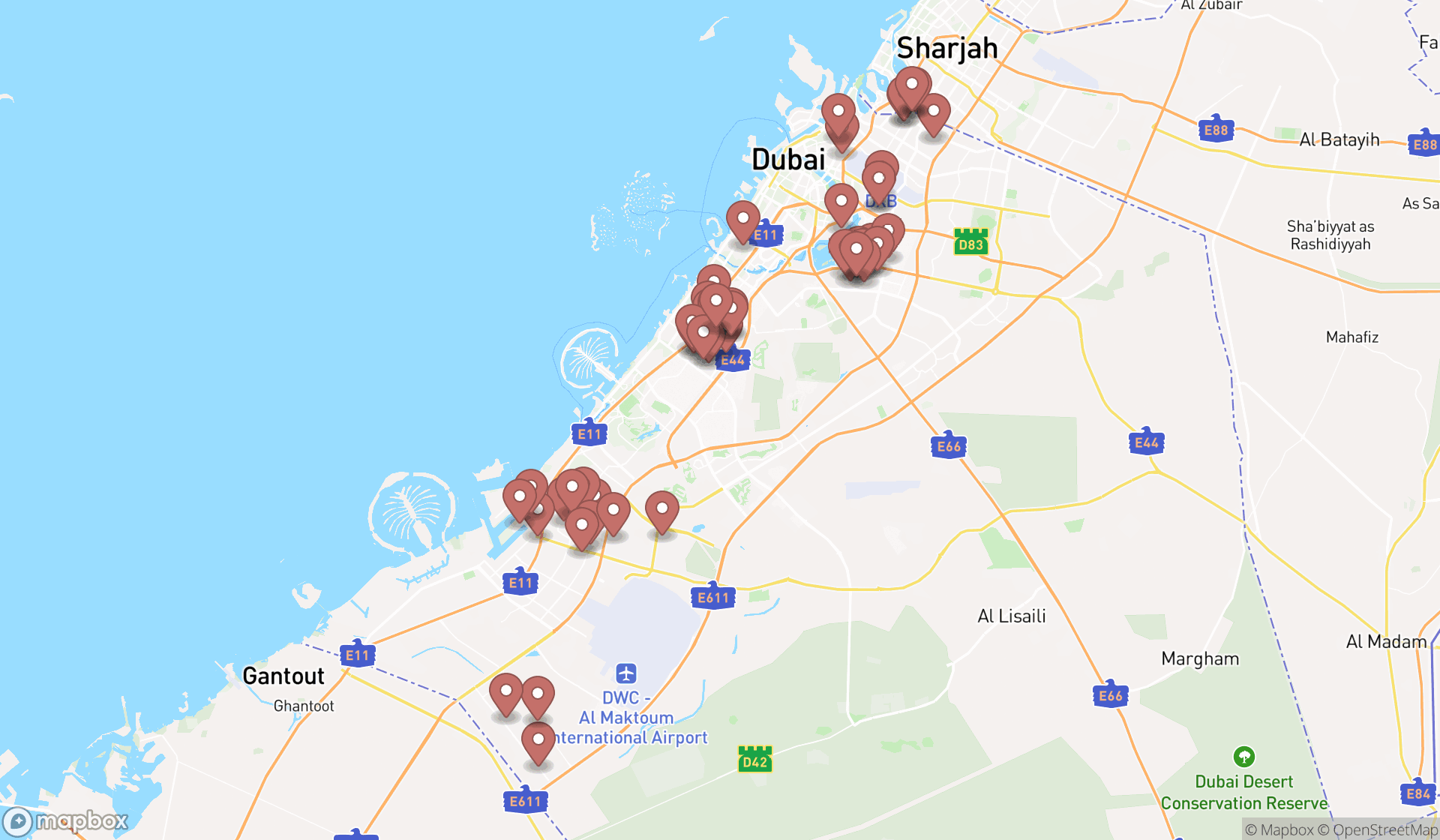 Map showing the search results in Dubai