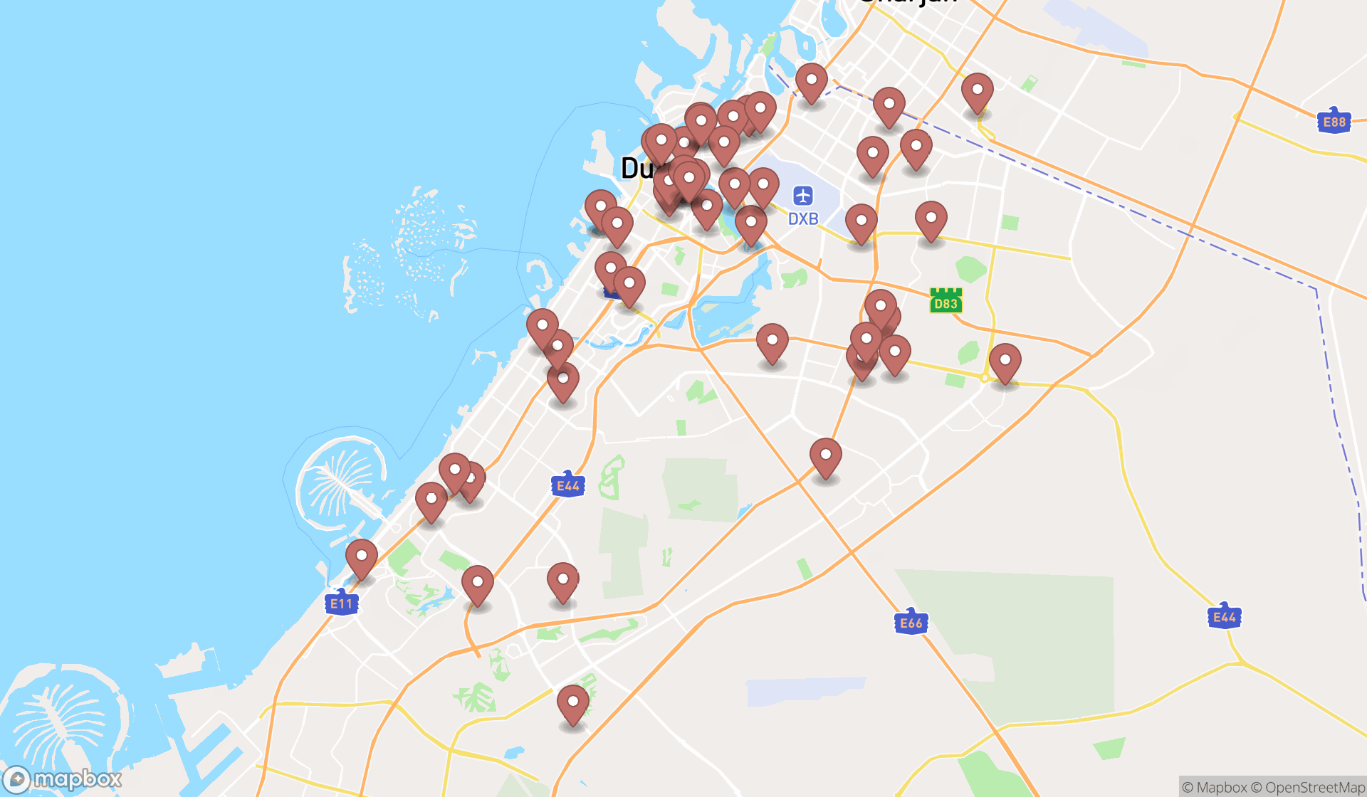 Map showing the search results in Dubai