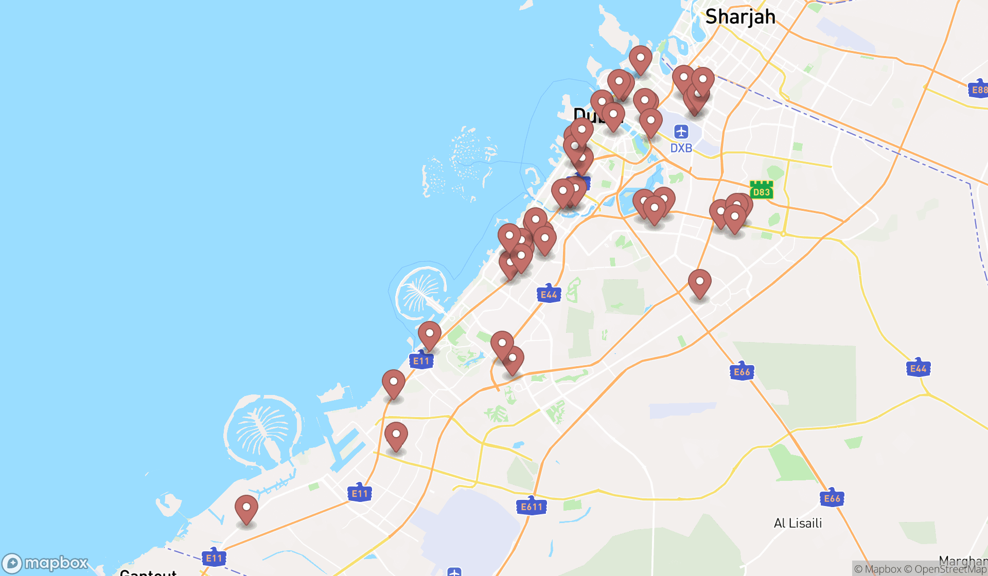 Map showing the search results in Dubai