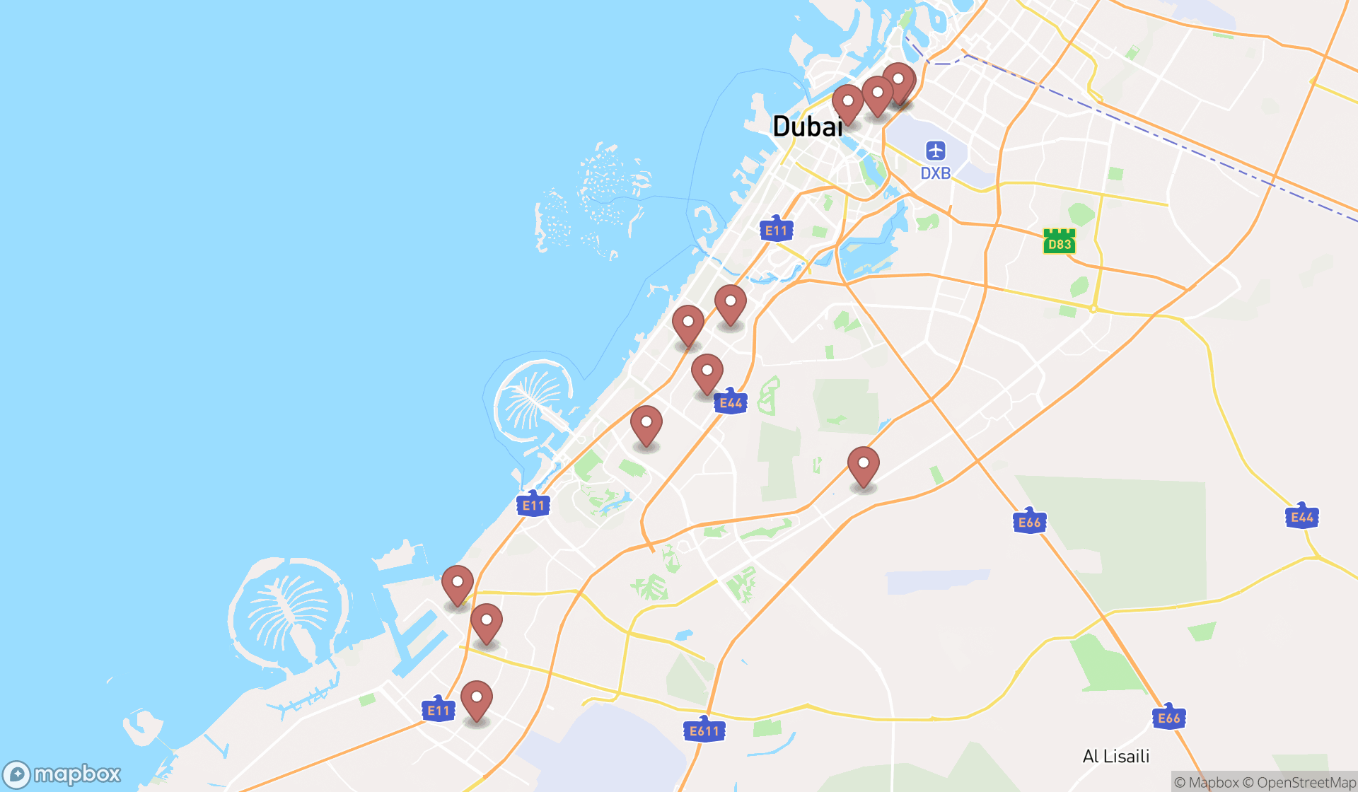 Map showing the search results in Dubai