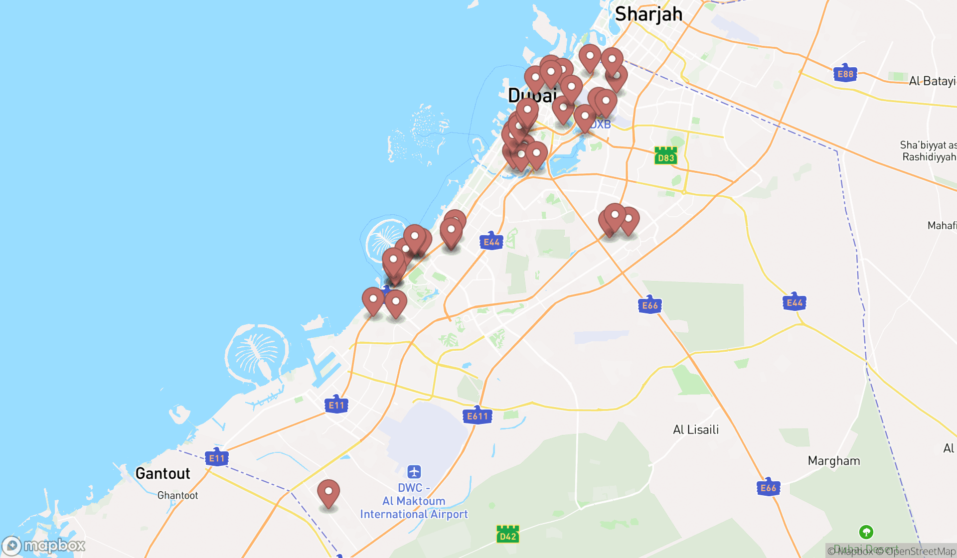 Map showing the search results in Dubai