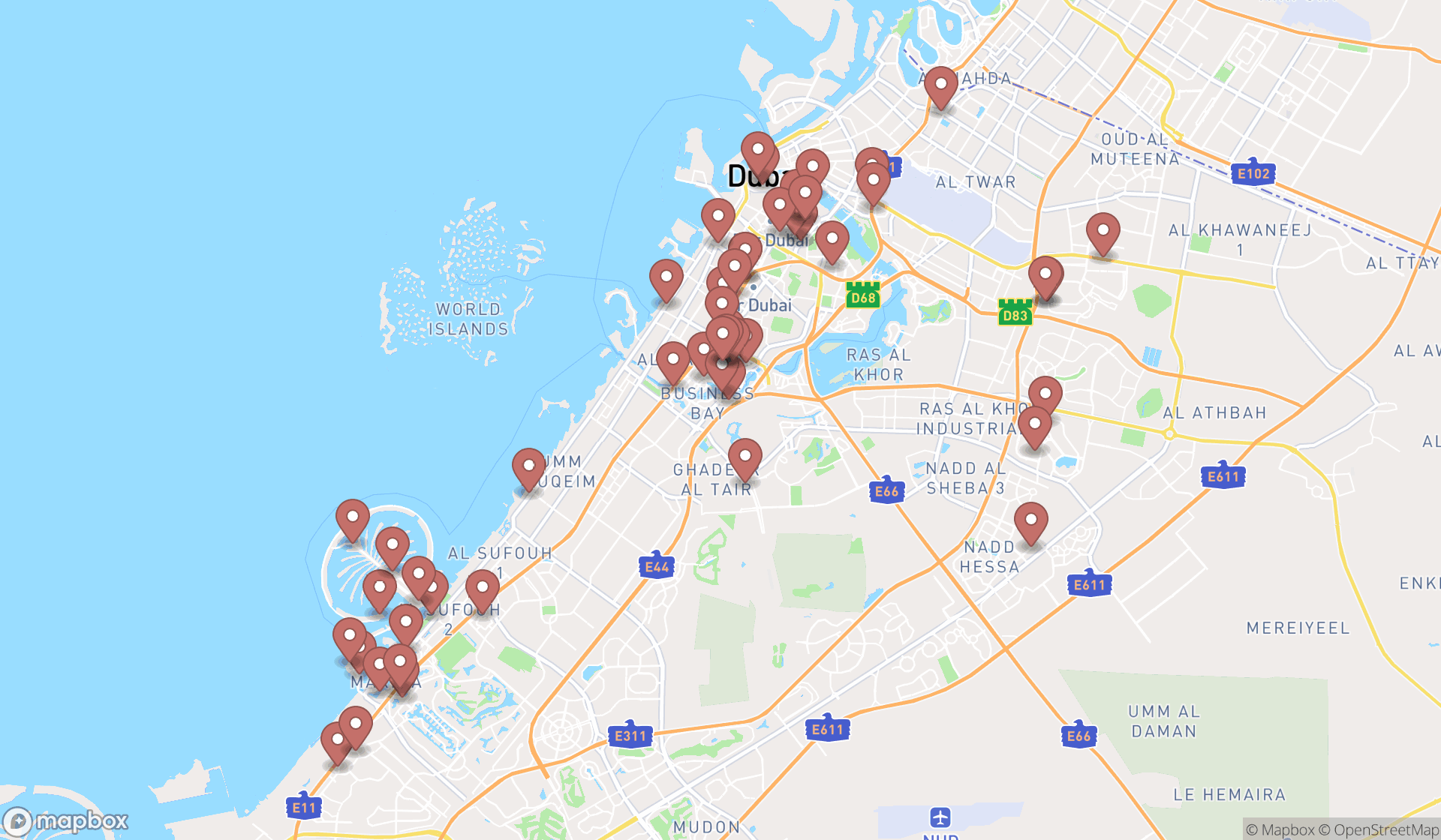 Map showing the search results in Dubai