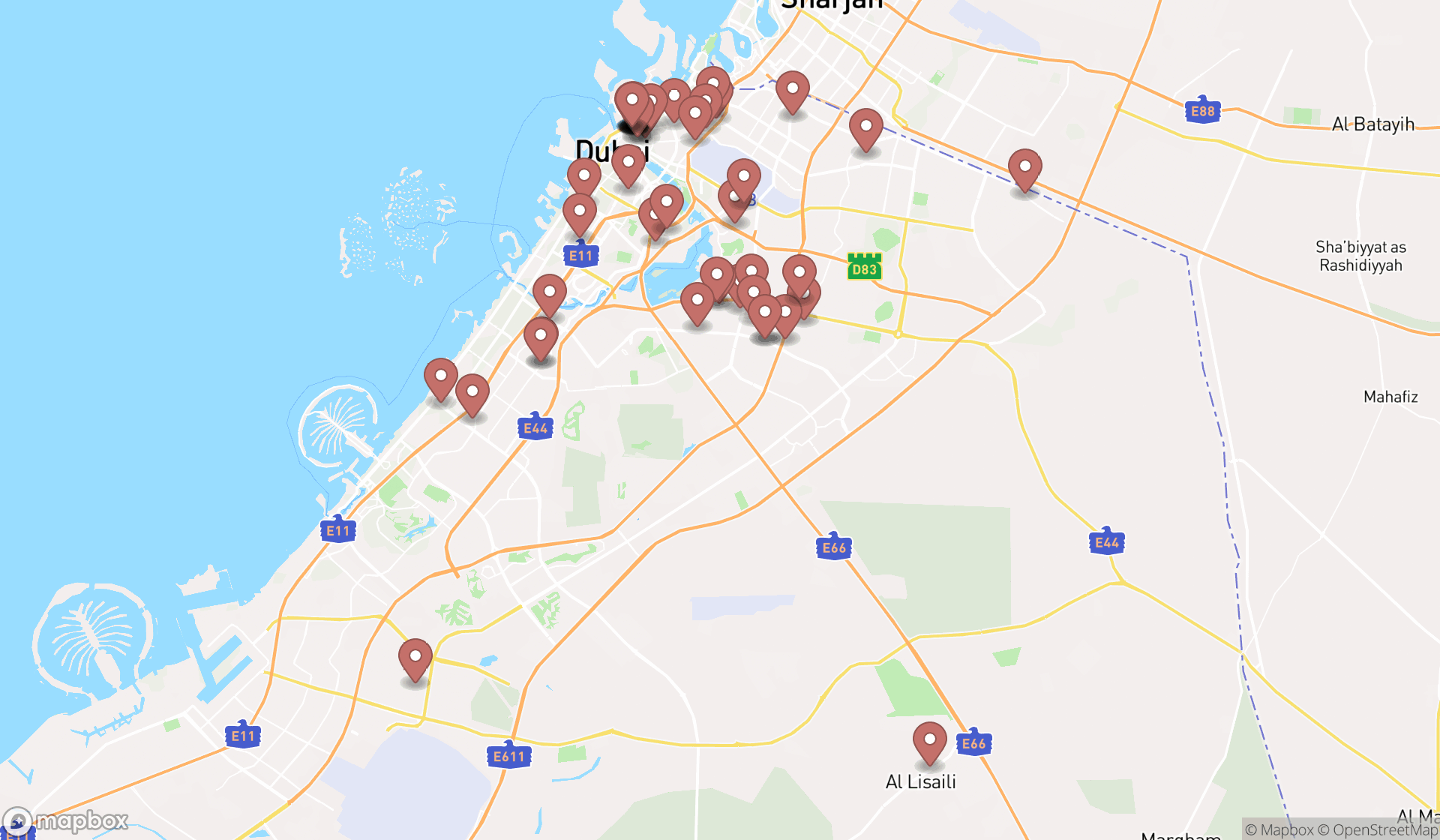 Map showing the search results in Dubai