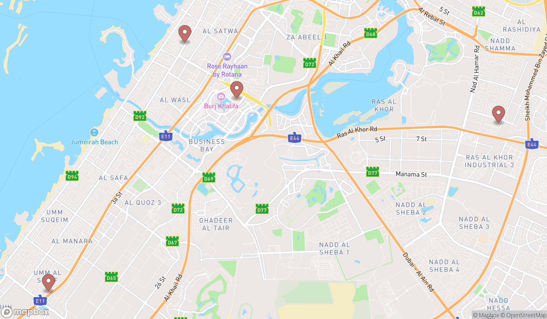 Map showing the search results in Dubai