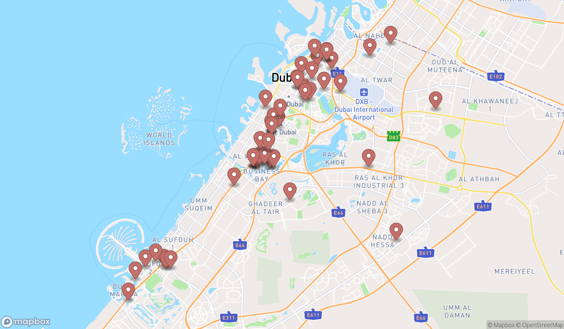 Map showing the search results in Dubai