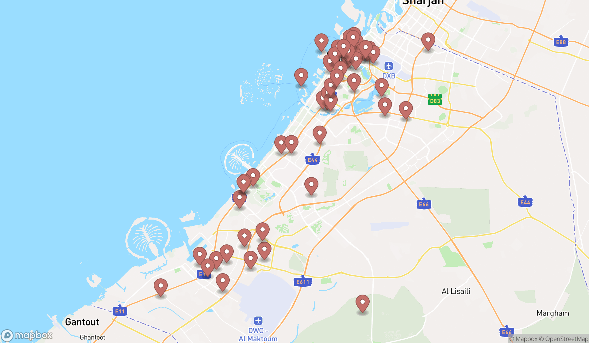 Map showing the search results in Dubai