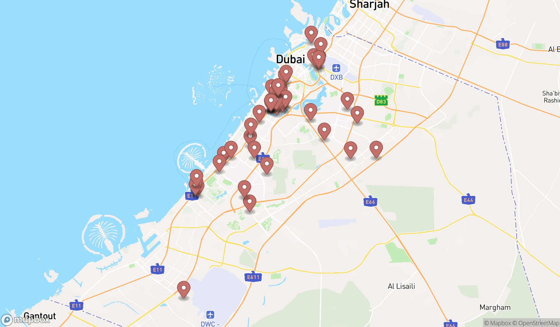 Map showing the search results in Dubai