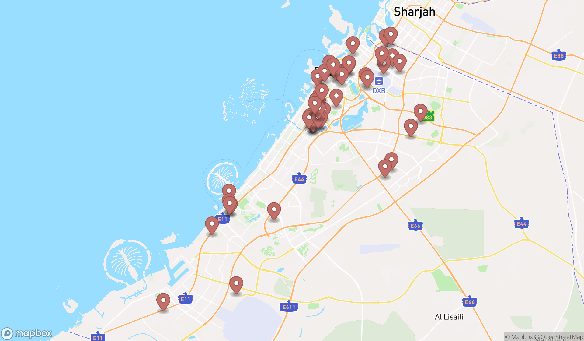 Map showing the search results in Dubai