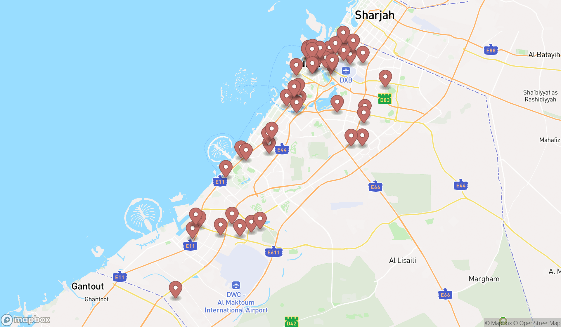 Map showing the search results in Dubai
