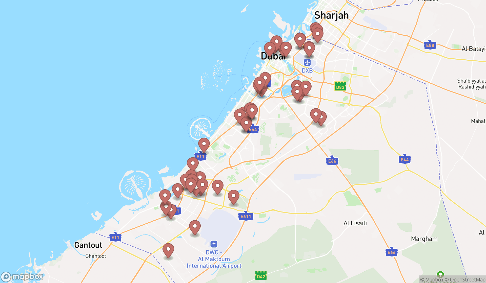 Map showing the search results in Dubai