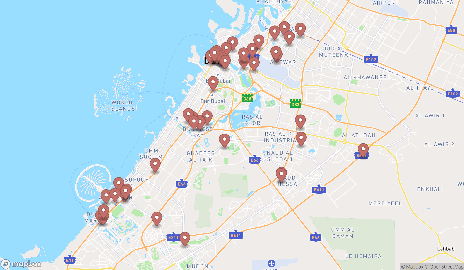 Map showing the search results in Dubai