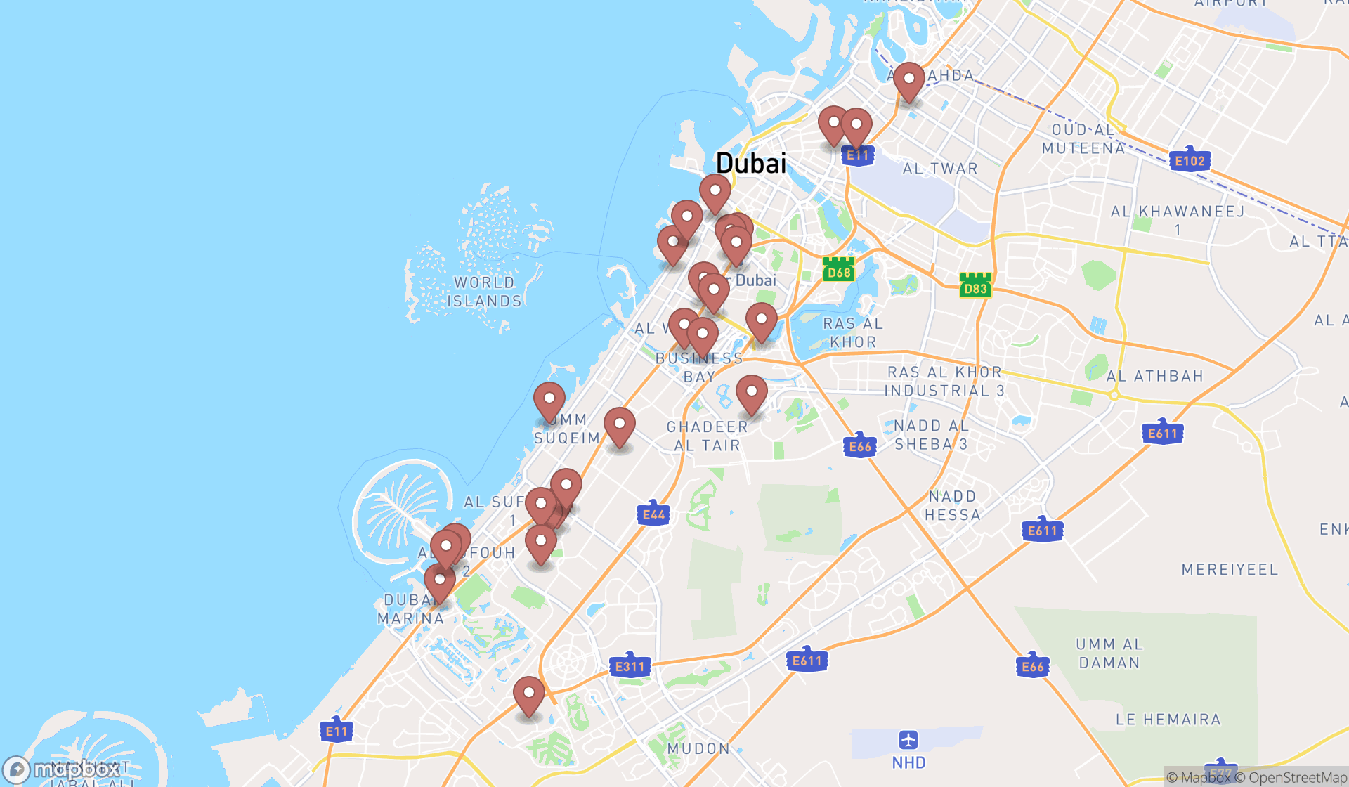 Map showing the search results in Dubai