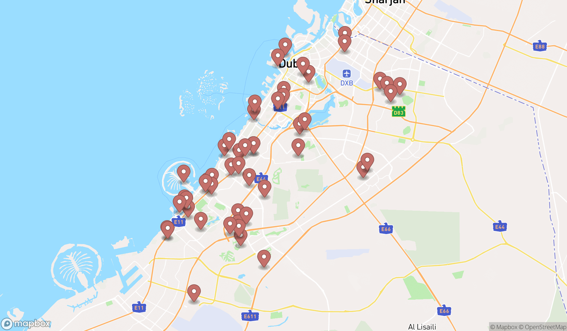 Map showing the search results in Dubai