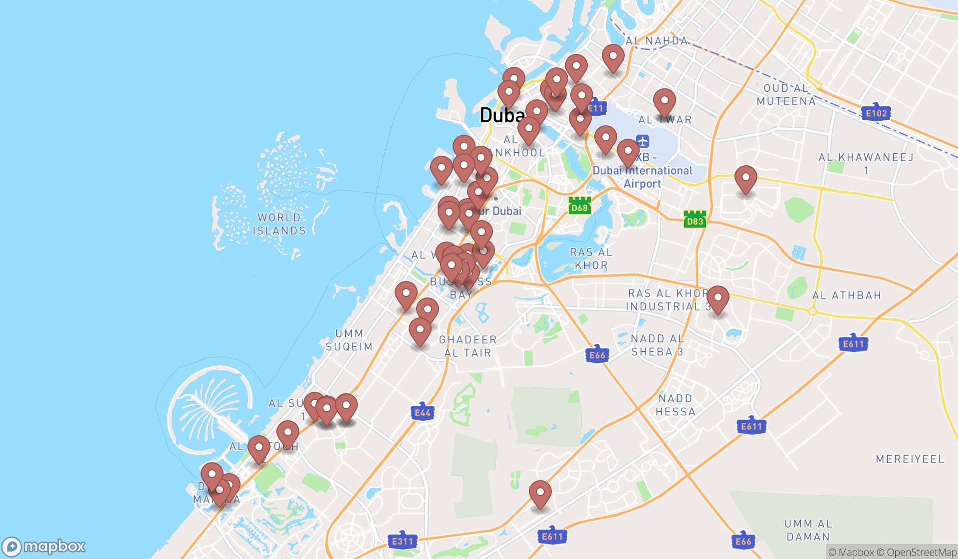 Map showing the search results in Dubai