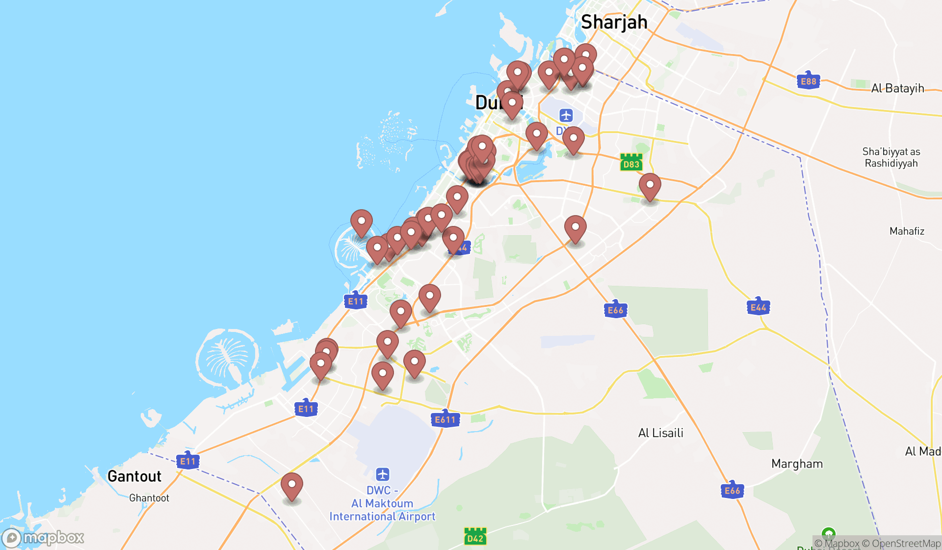 Map showing the search results in Dubai