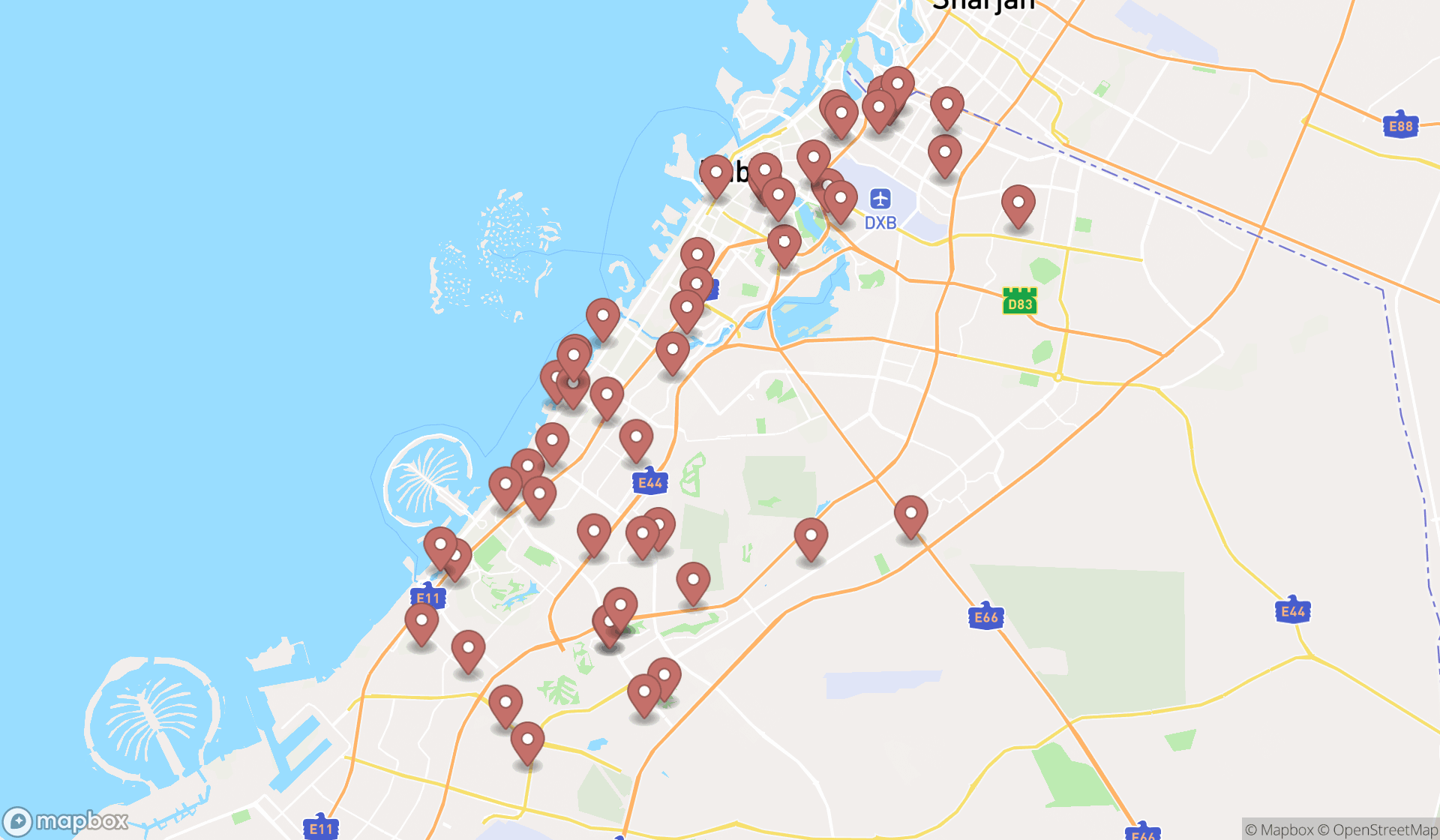 Map showing the search results in Dubai