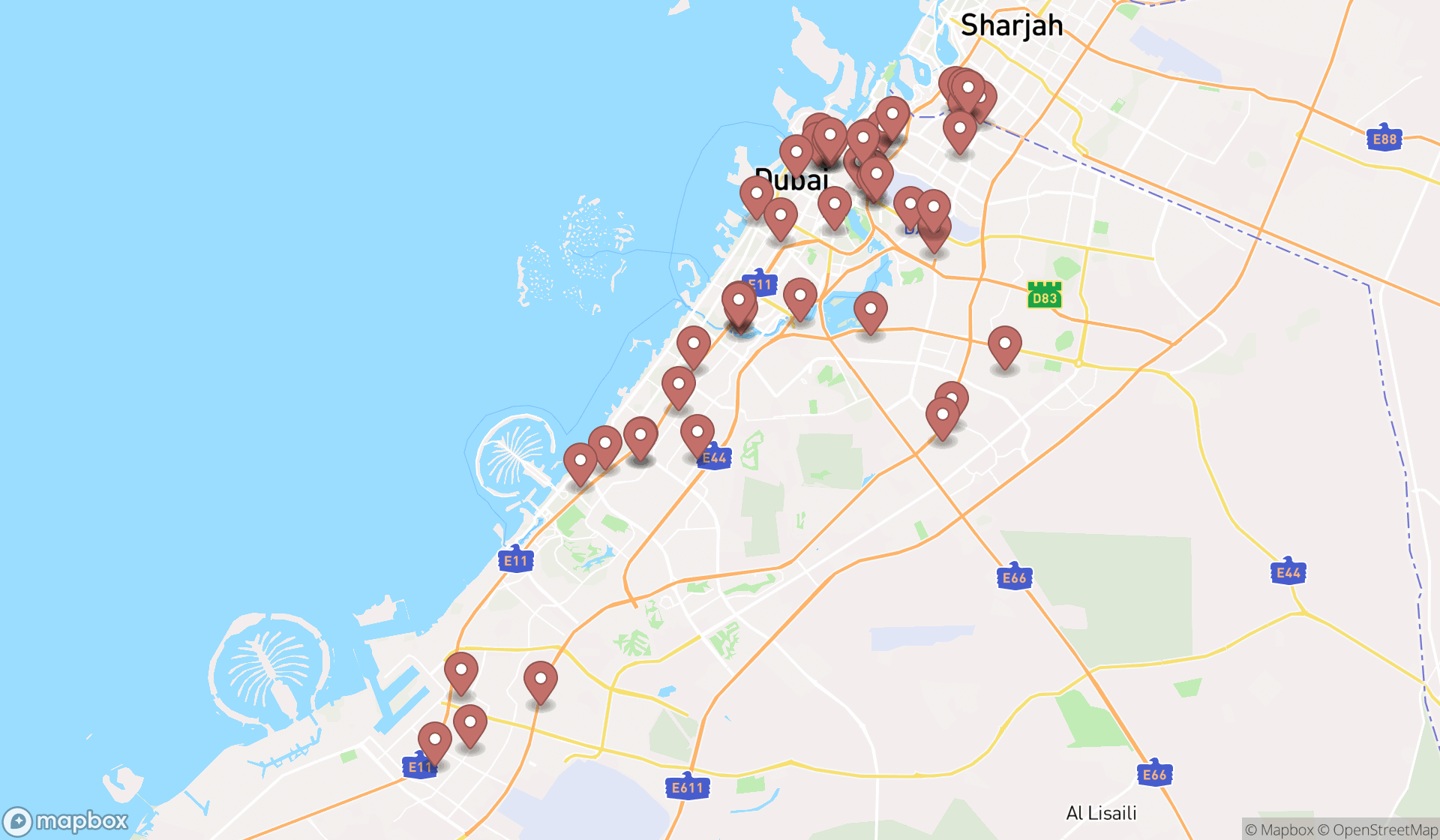Map showing the search results in Dubai