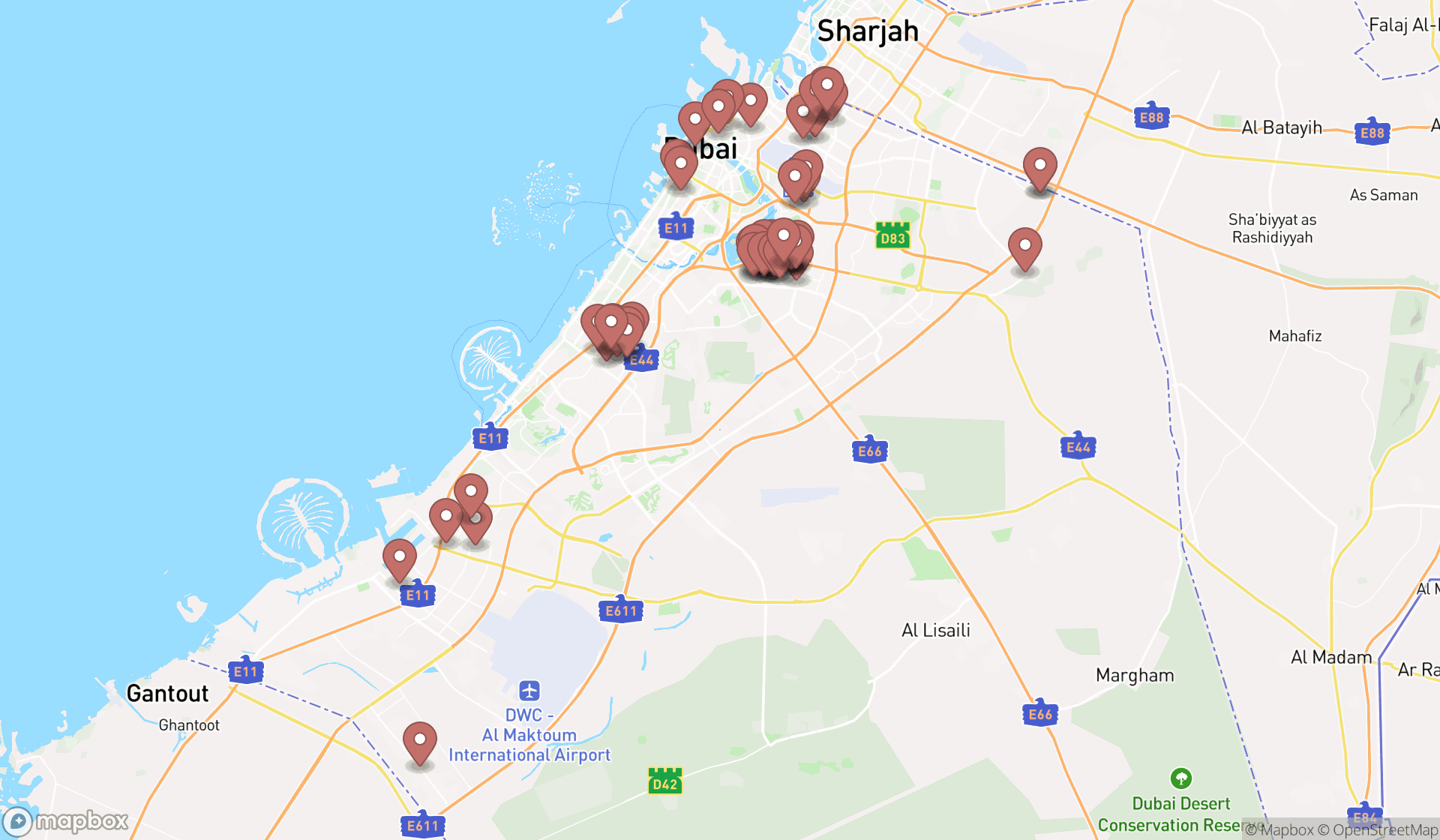 Map showing the search results in Dubai