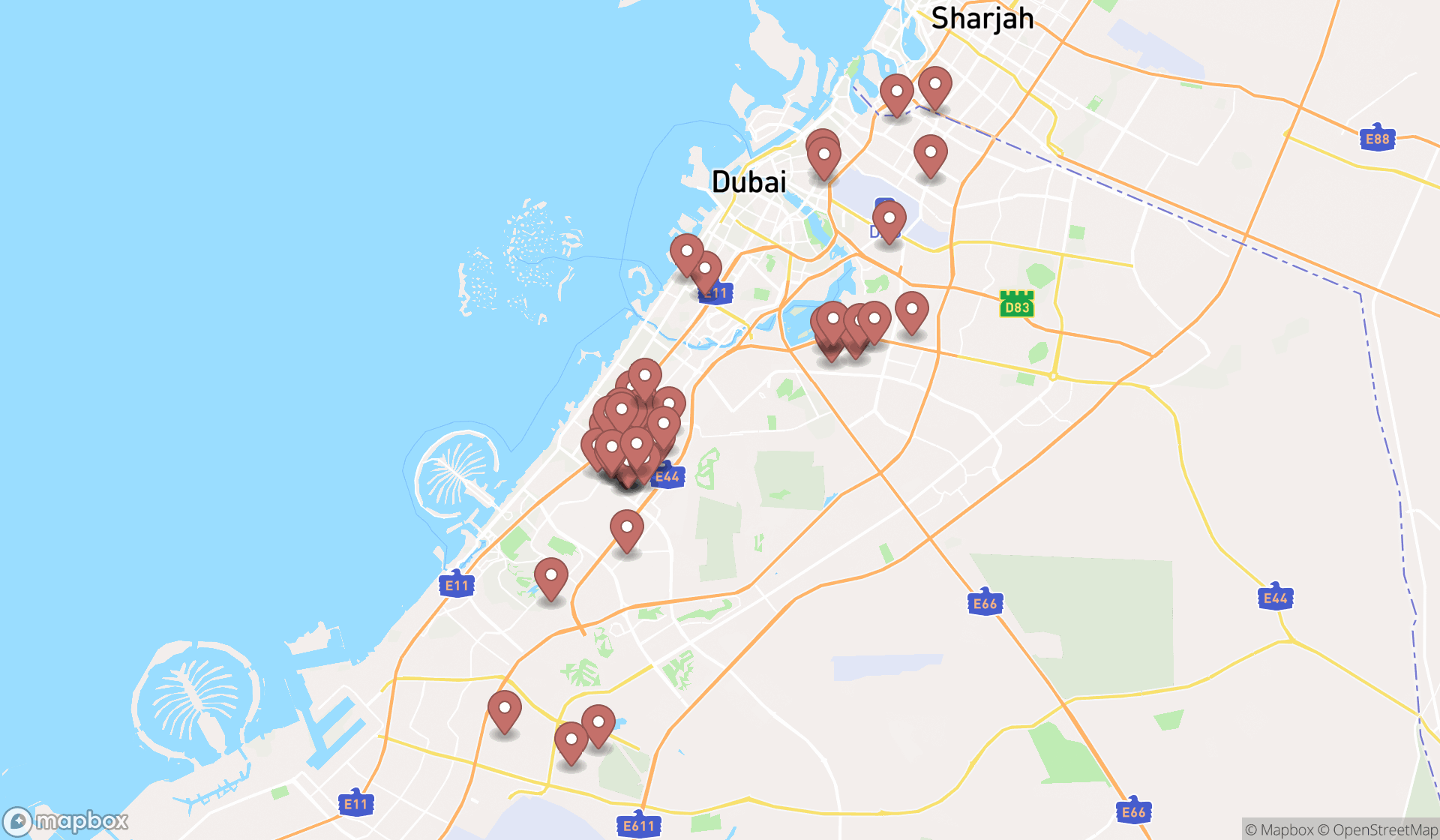Map showing the search results in Dubai