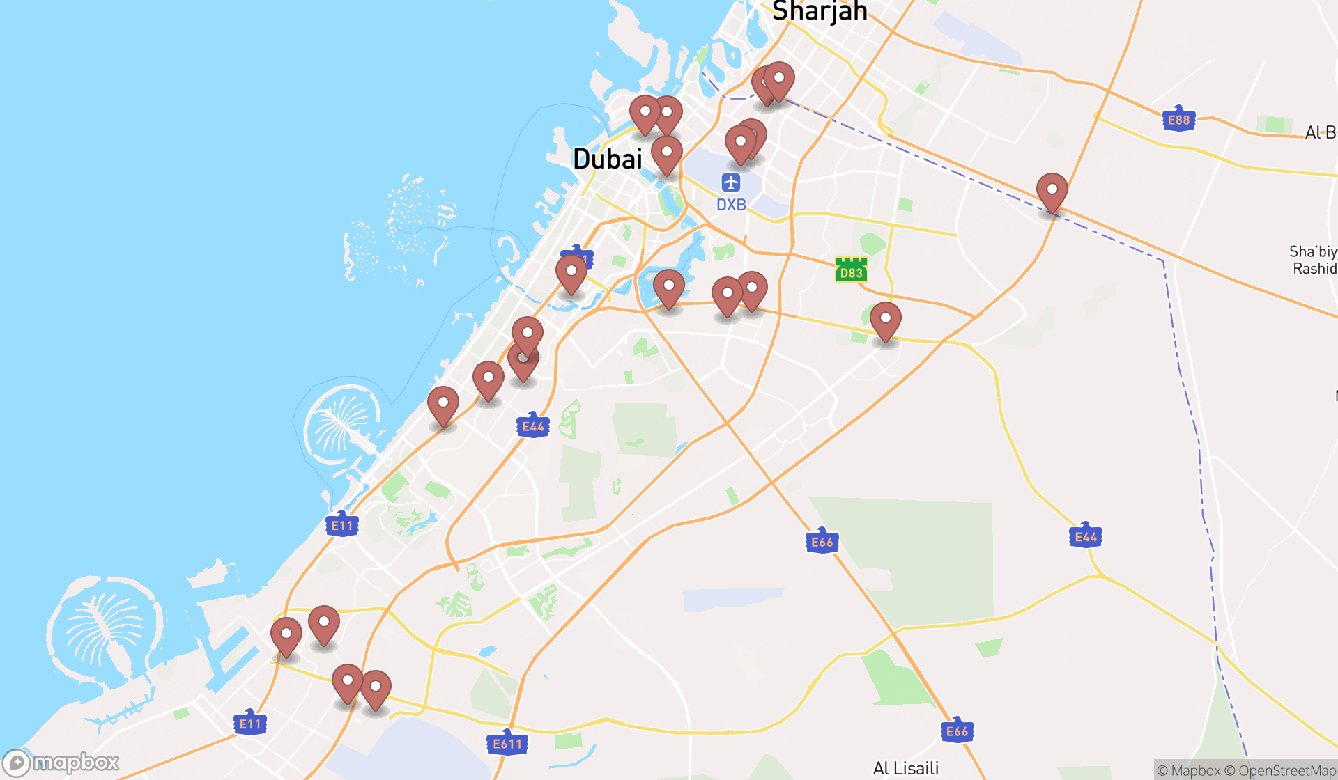 Map showing the search results in Dubai