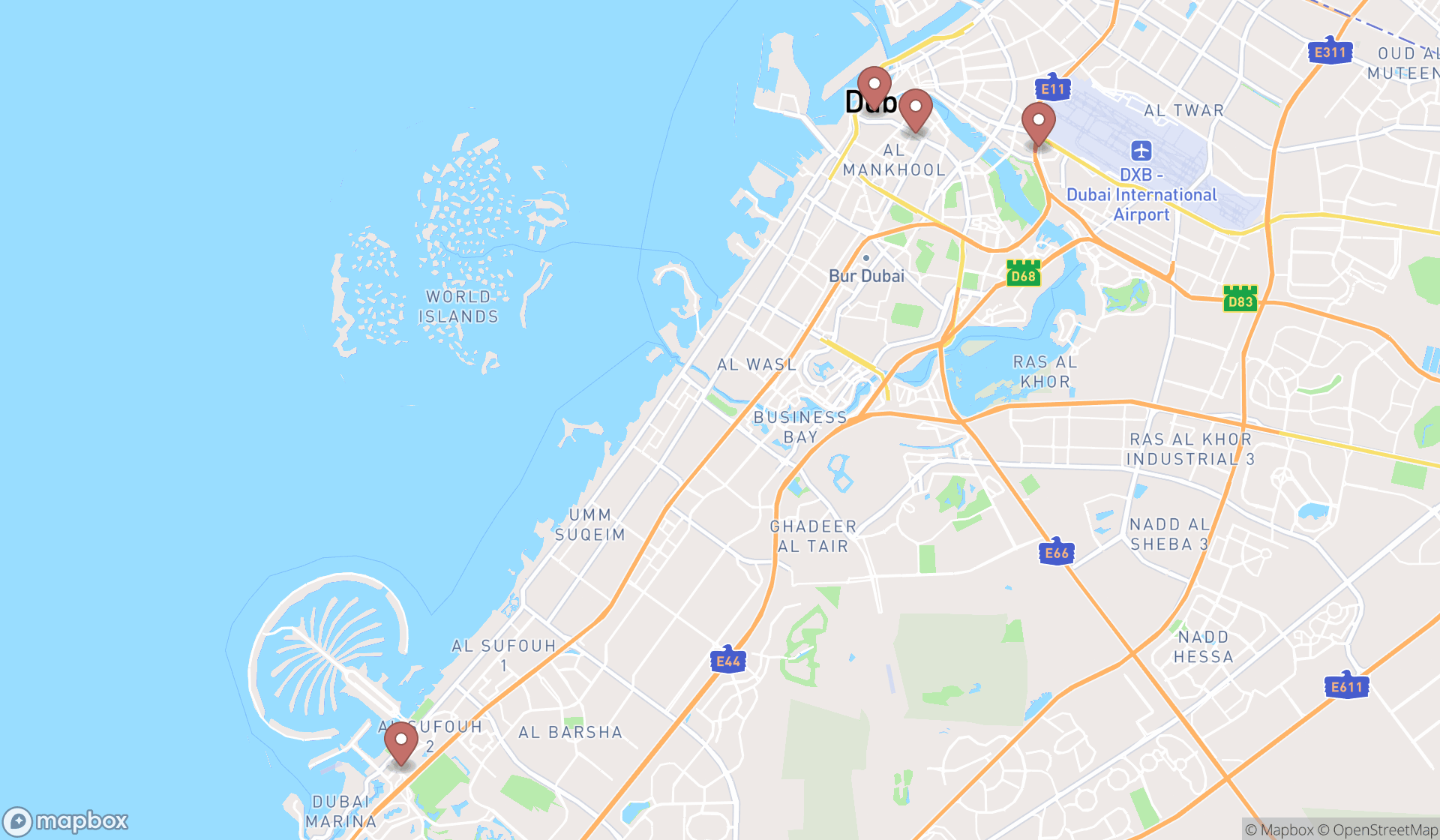 Map showing the search results in Dubai