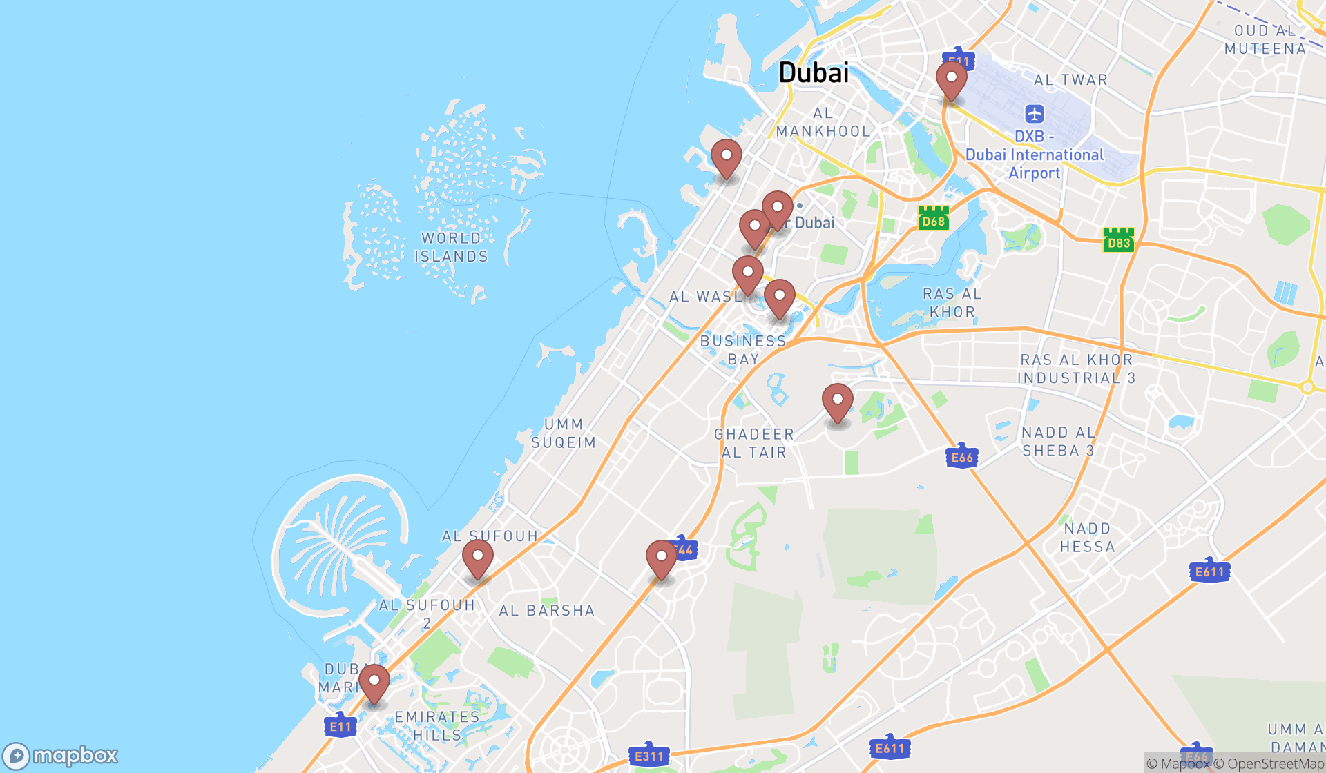 Map showing the search results in Dubai