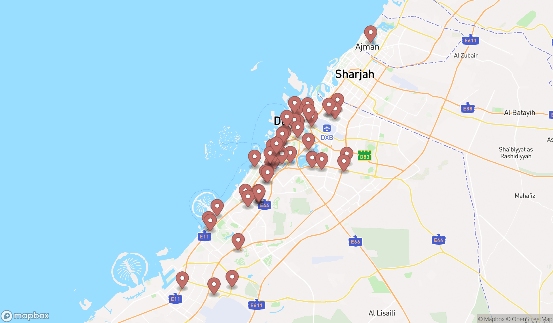 Map showing the search results in Dubai