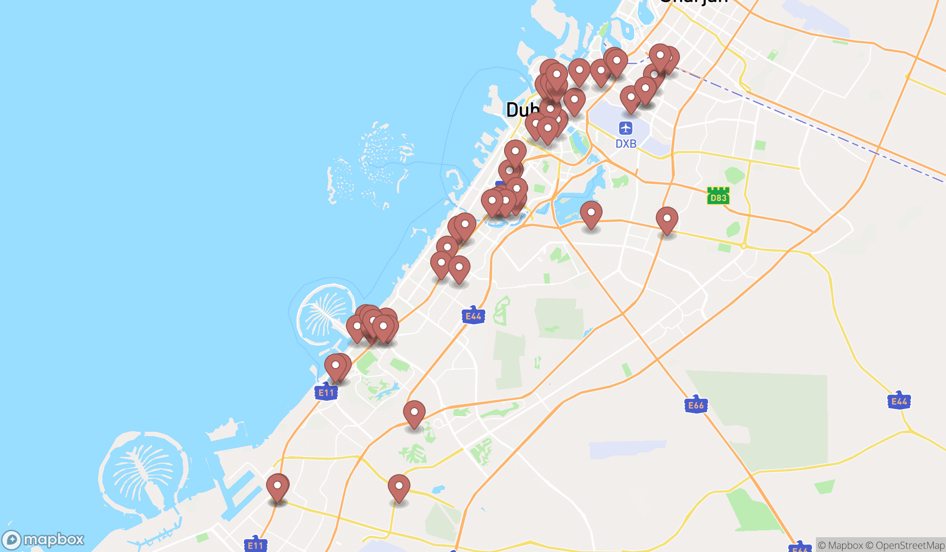 Map showing the search results in Dubai