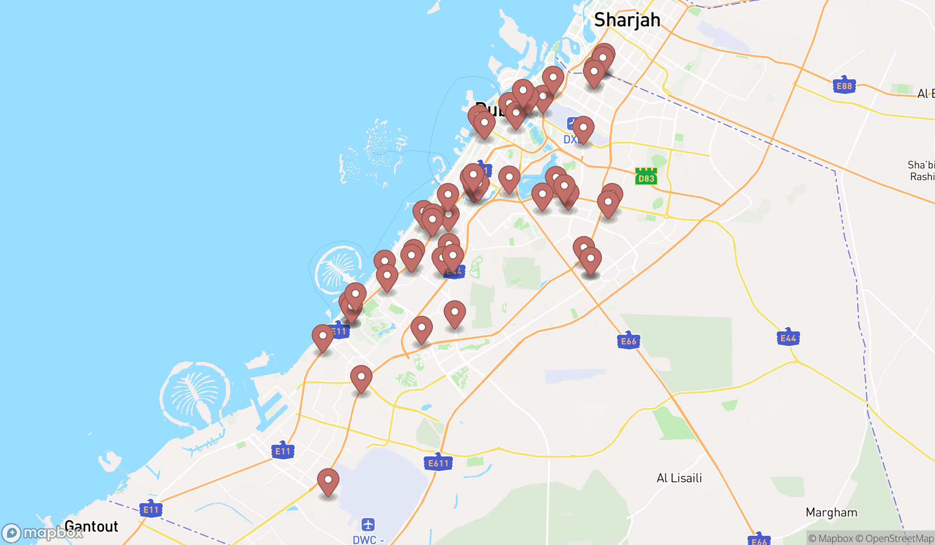 Map showing the search results in Dubai
