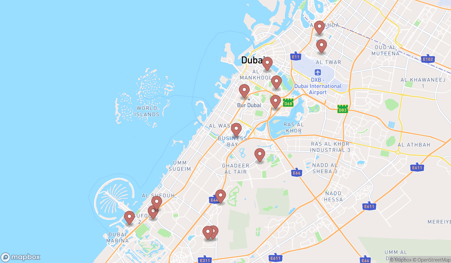 Map showing the search results in Dubai