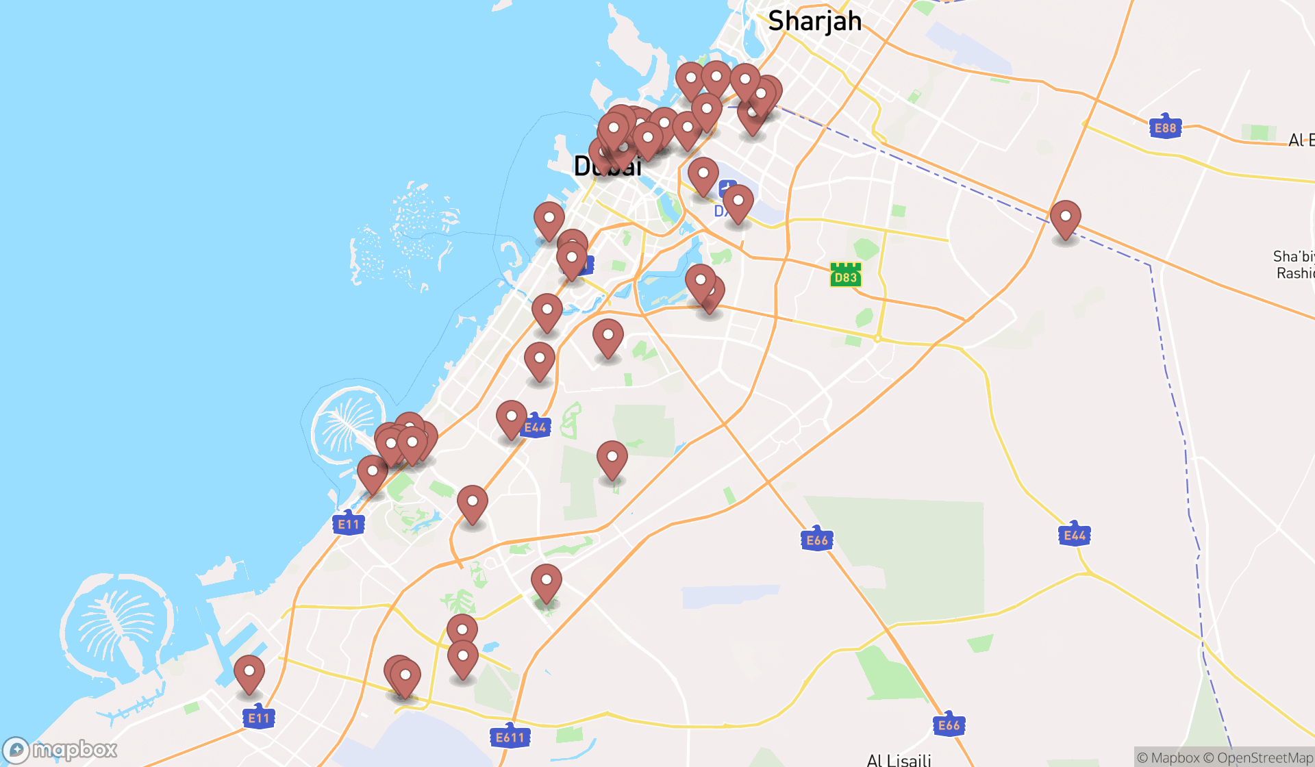 Map showing the search results in Dubai
