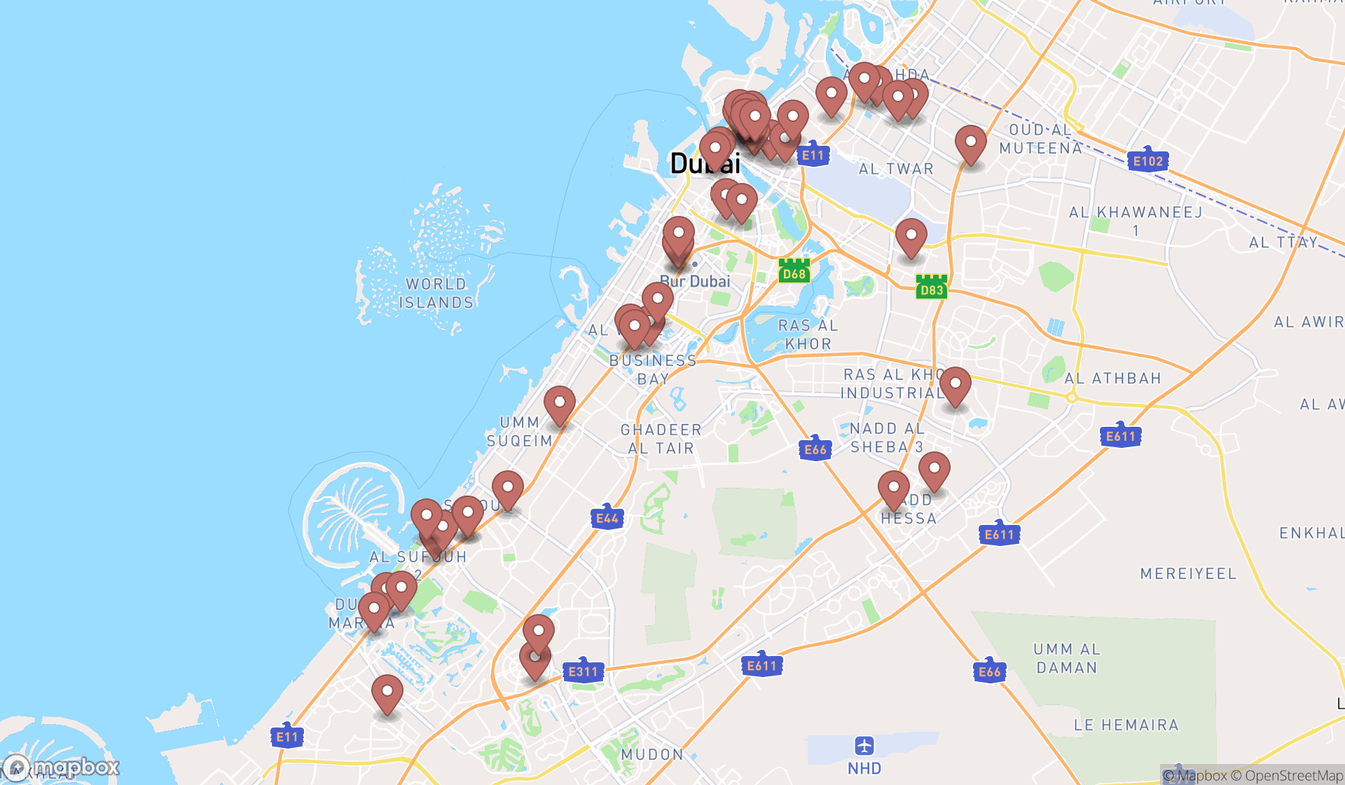 Map showing the search results in Dubai