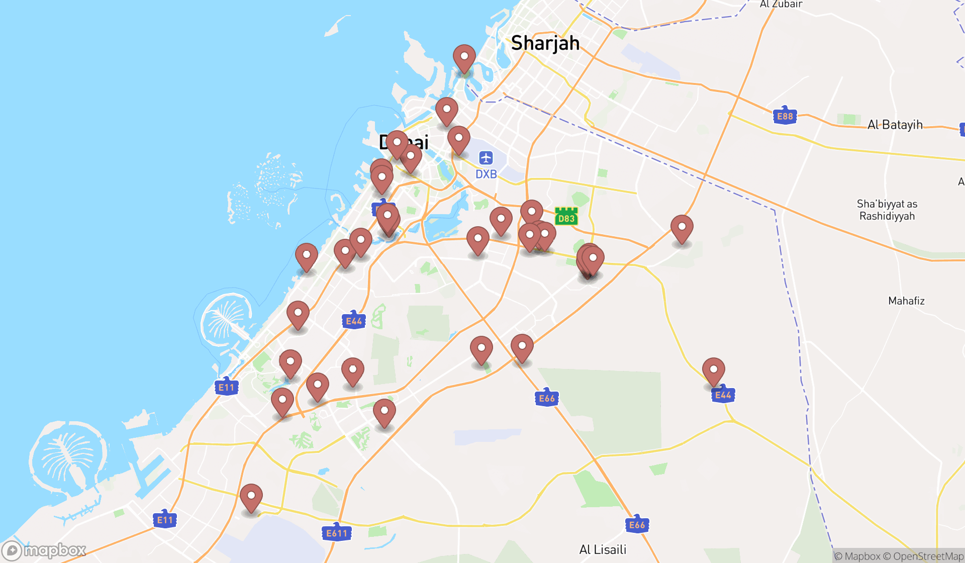 Map showing the search results in Dubai