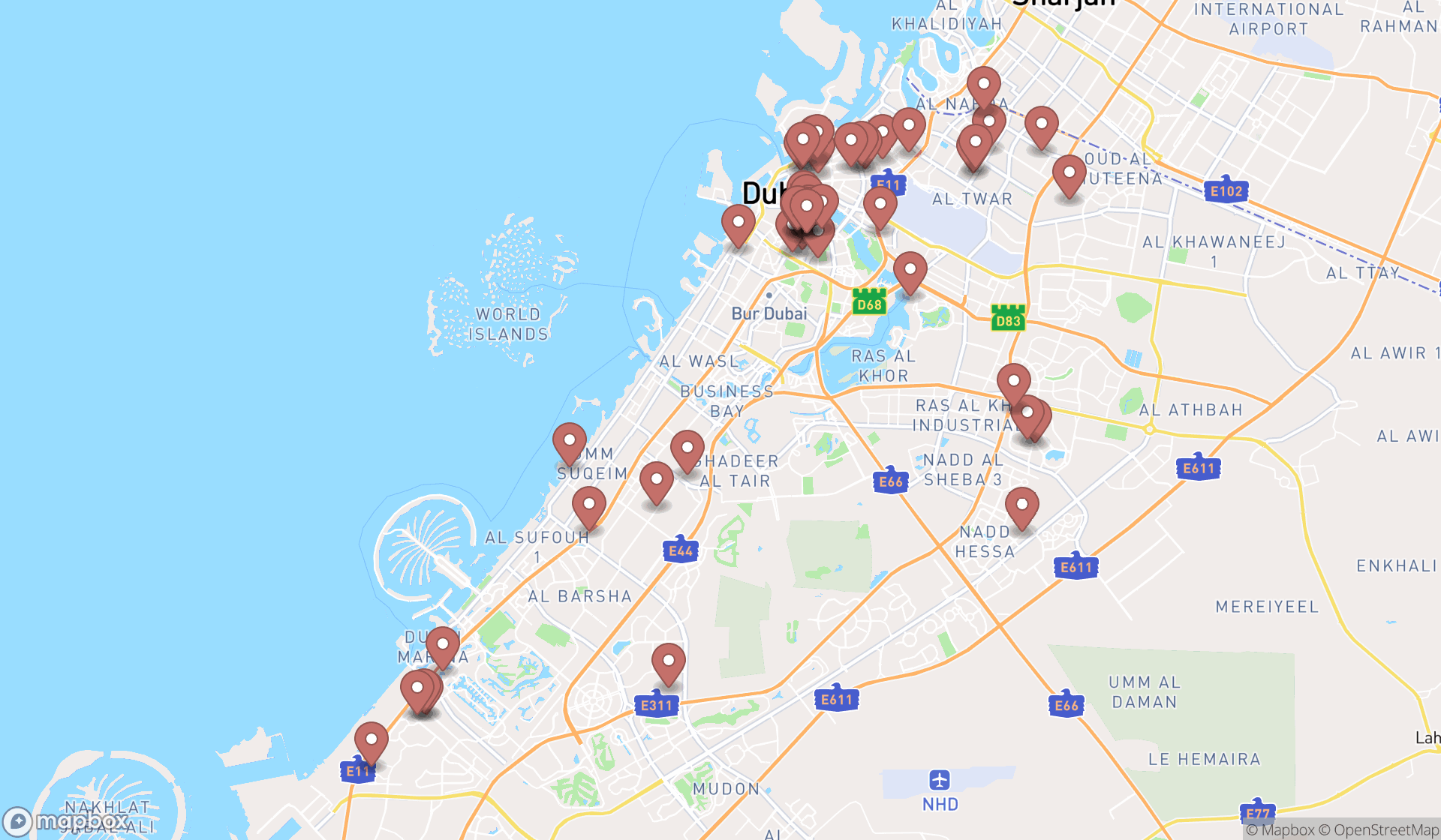 Map showing the search results in Dubai