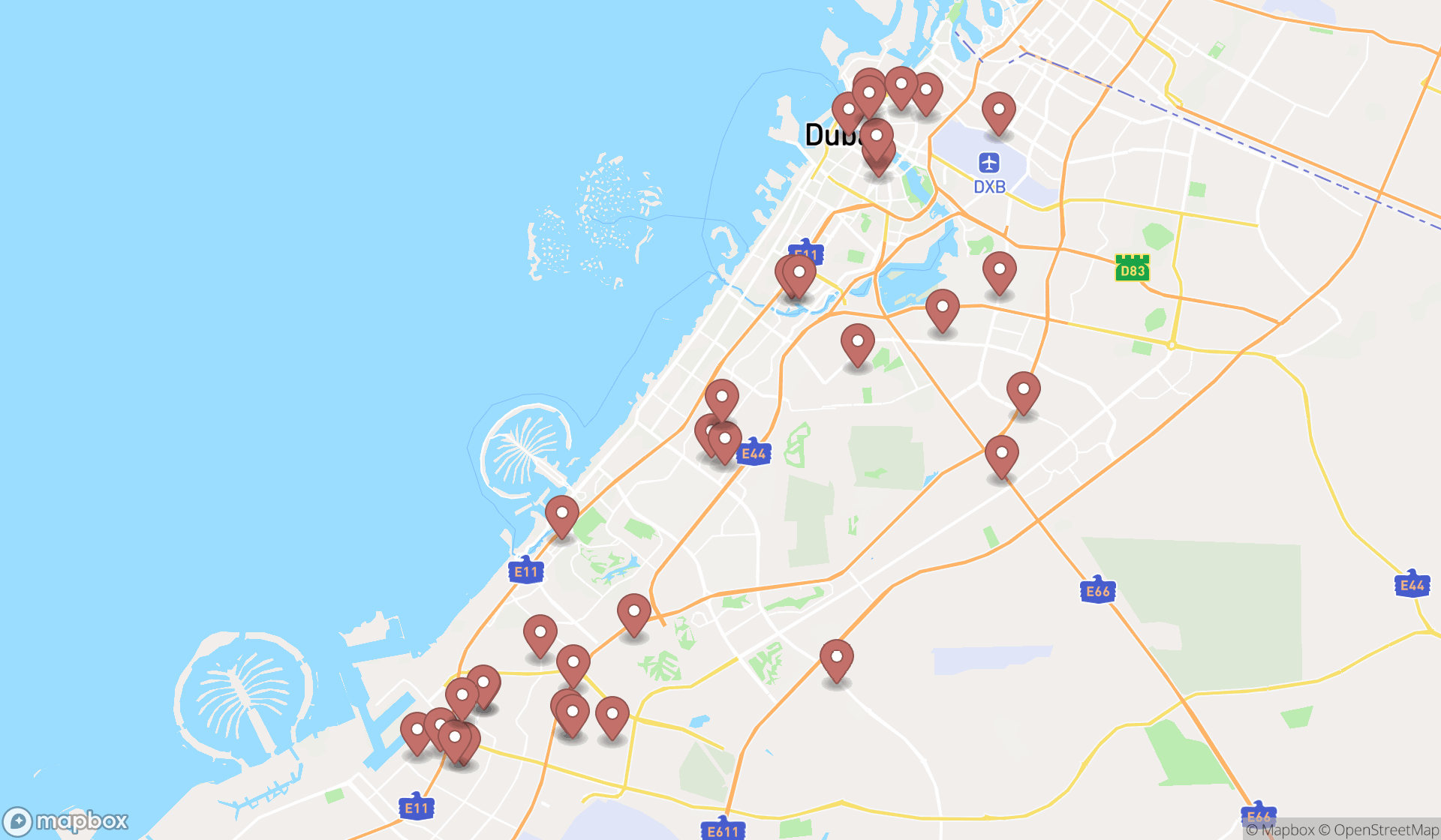 Map showing the search results in Dubai