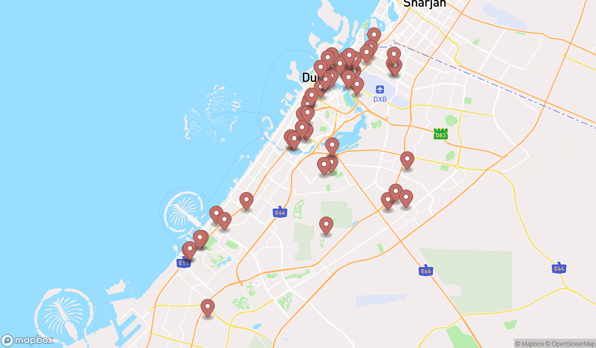 Map showing the search results in Dubai
