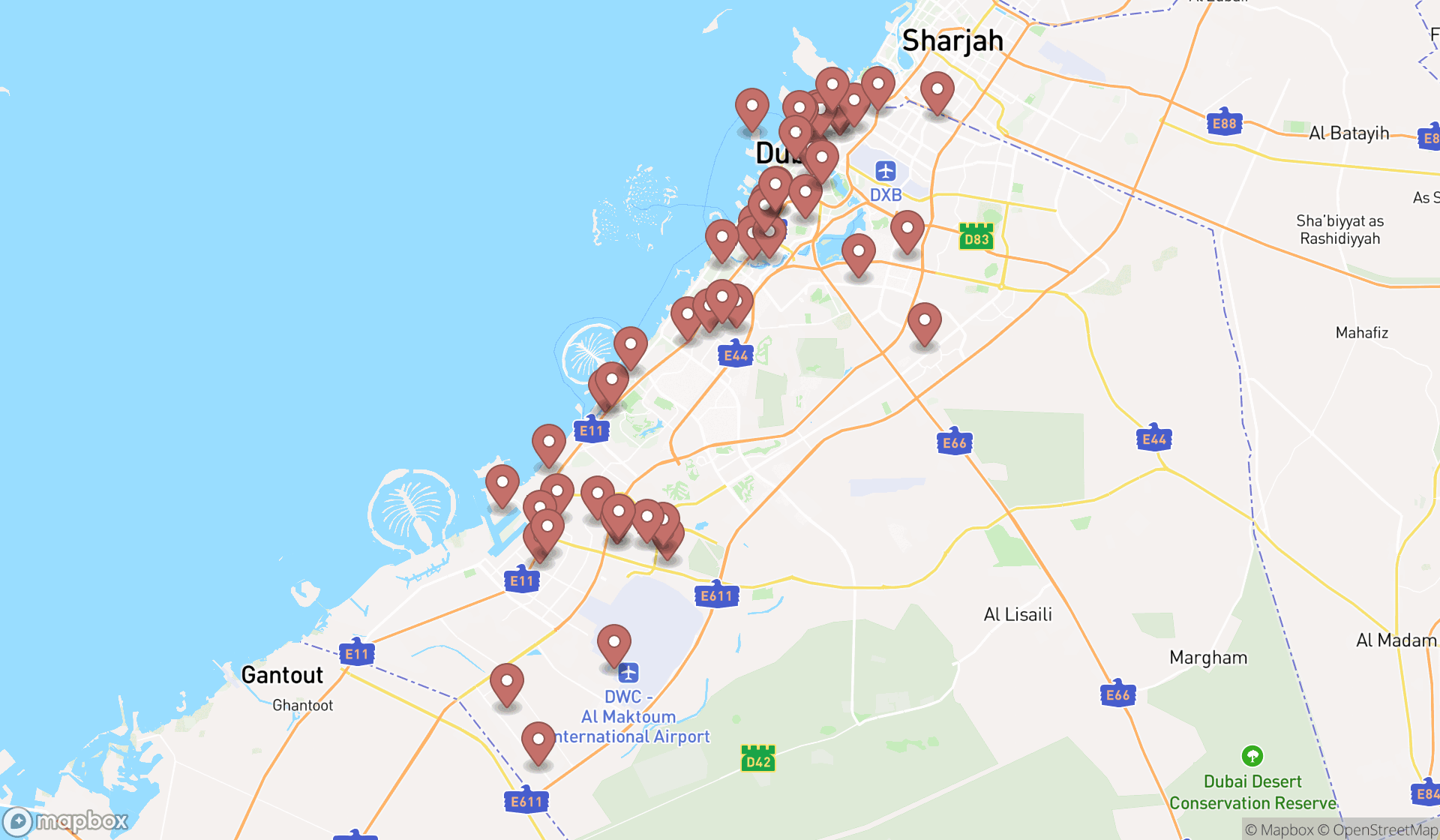 Map showing the search results in Dubai