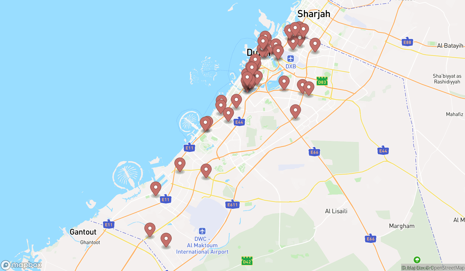 Map showing the search results in Dubai