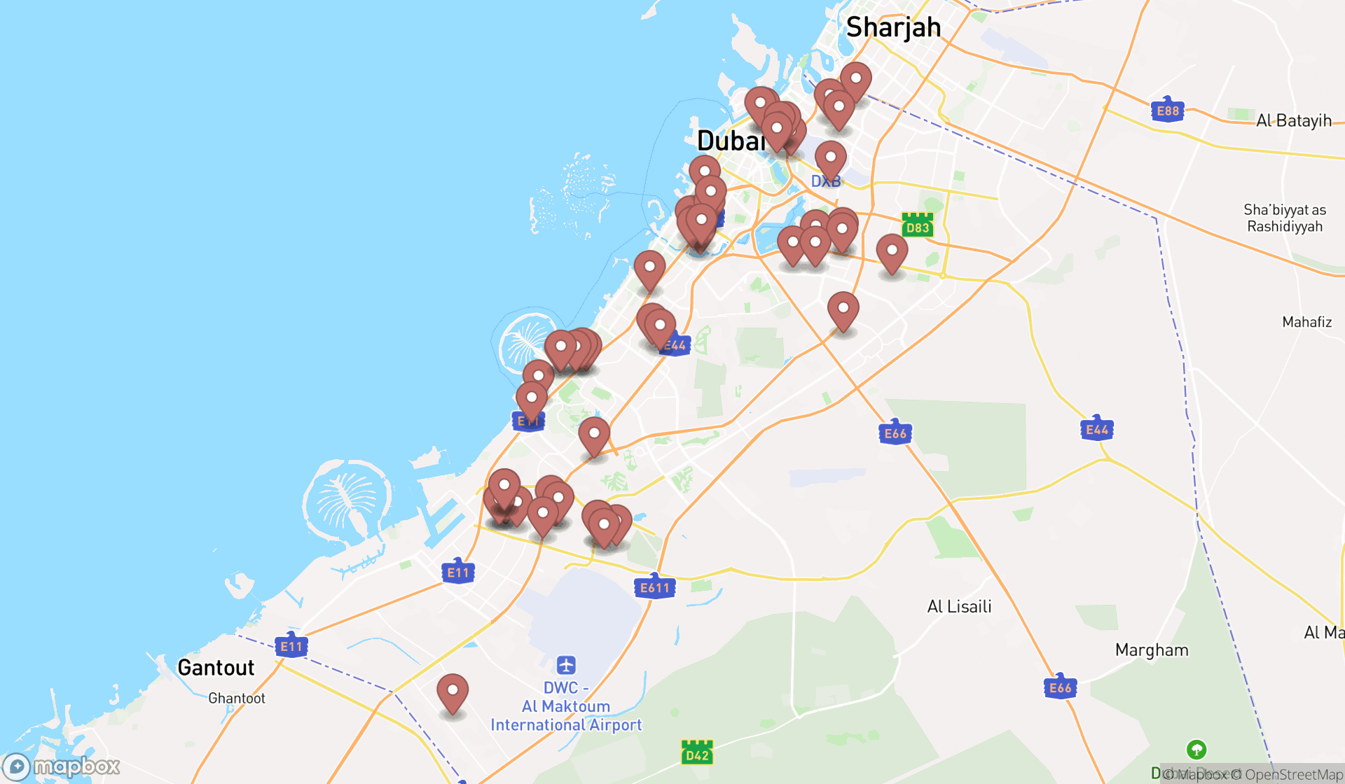 Map showing the search results in Dubai