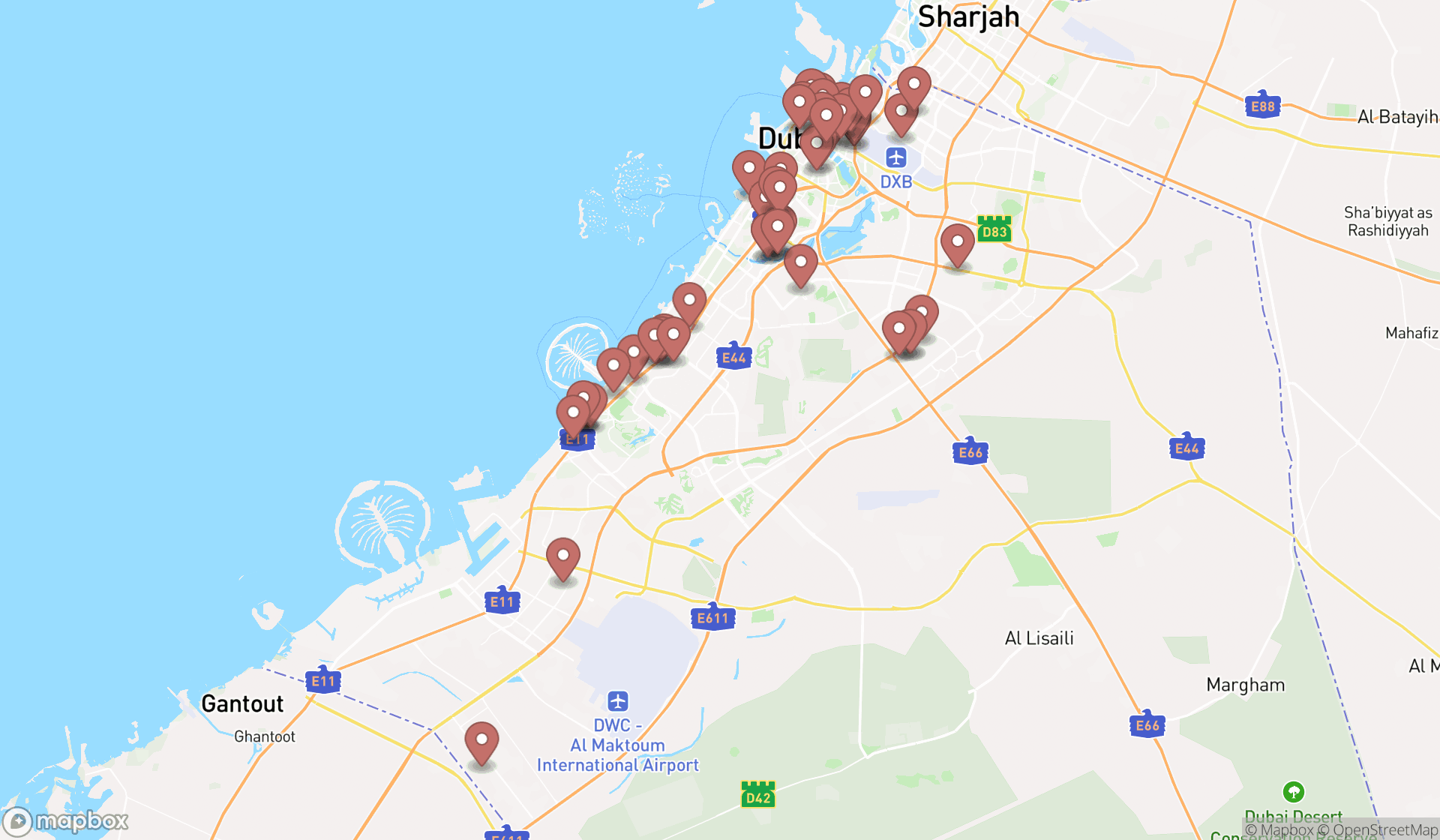 Map showing the search results in Dubai