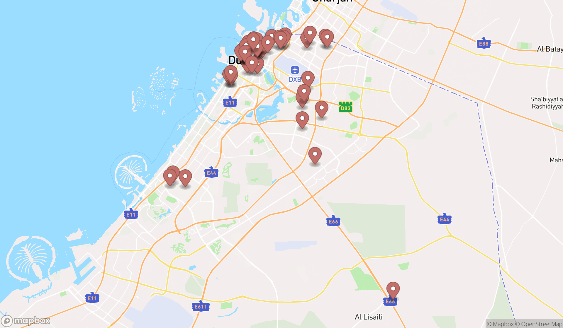 Map showing the search results in Dubai
