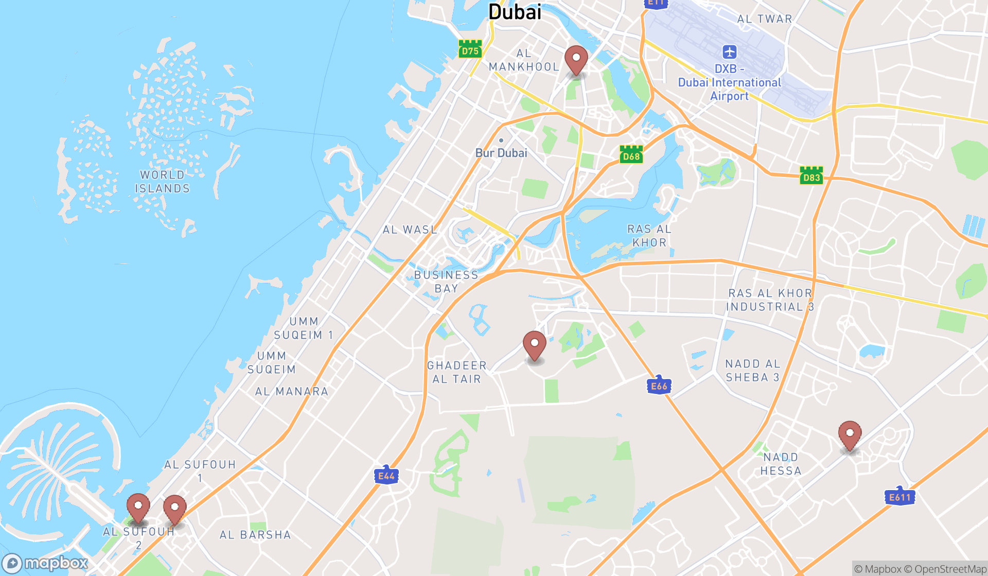 Map showing the search results in Dubai