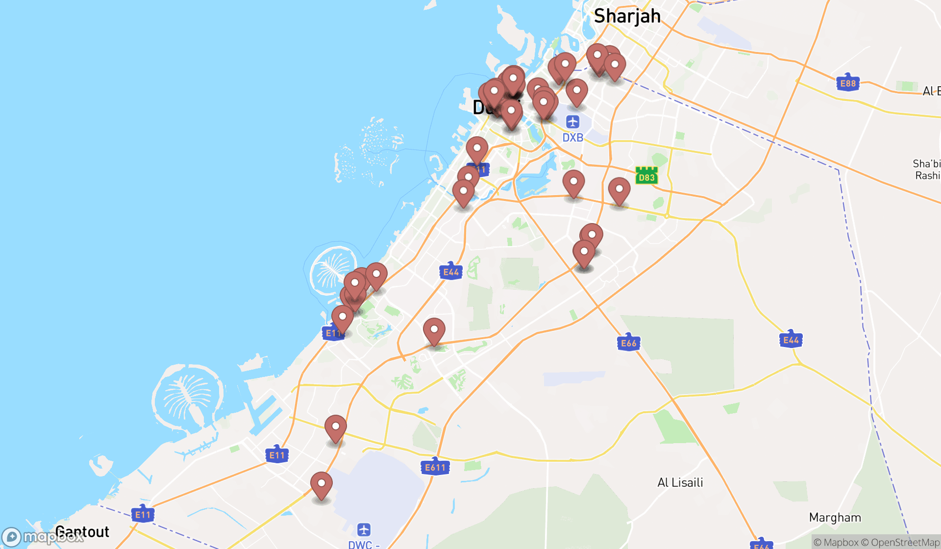 Map showing the search results in Dubai