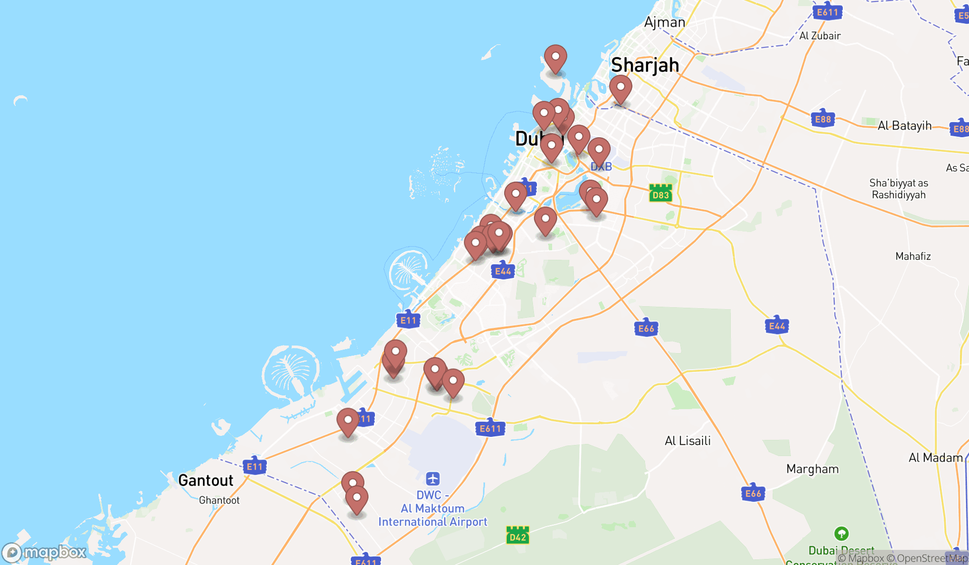 Map showing the search results in Dubai