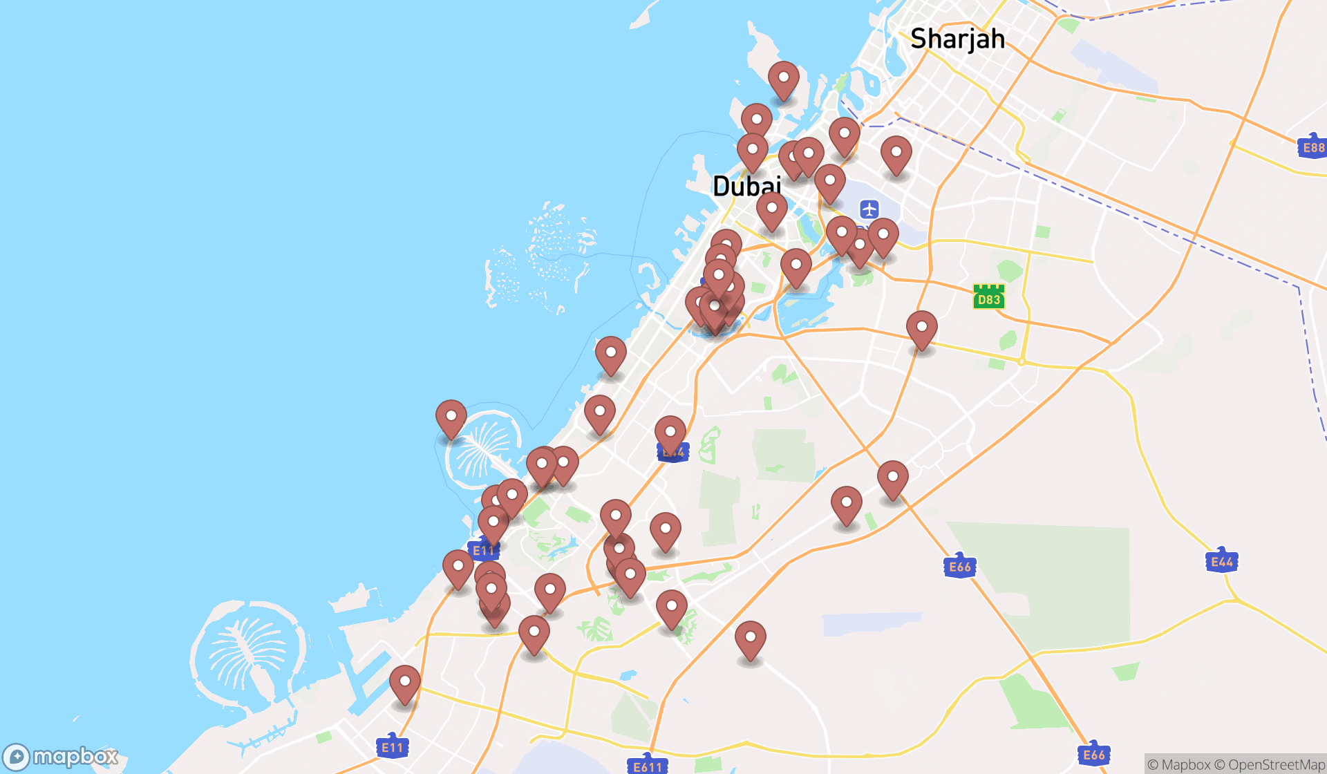 Map showing the search results in Dubai