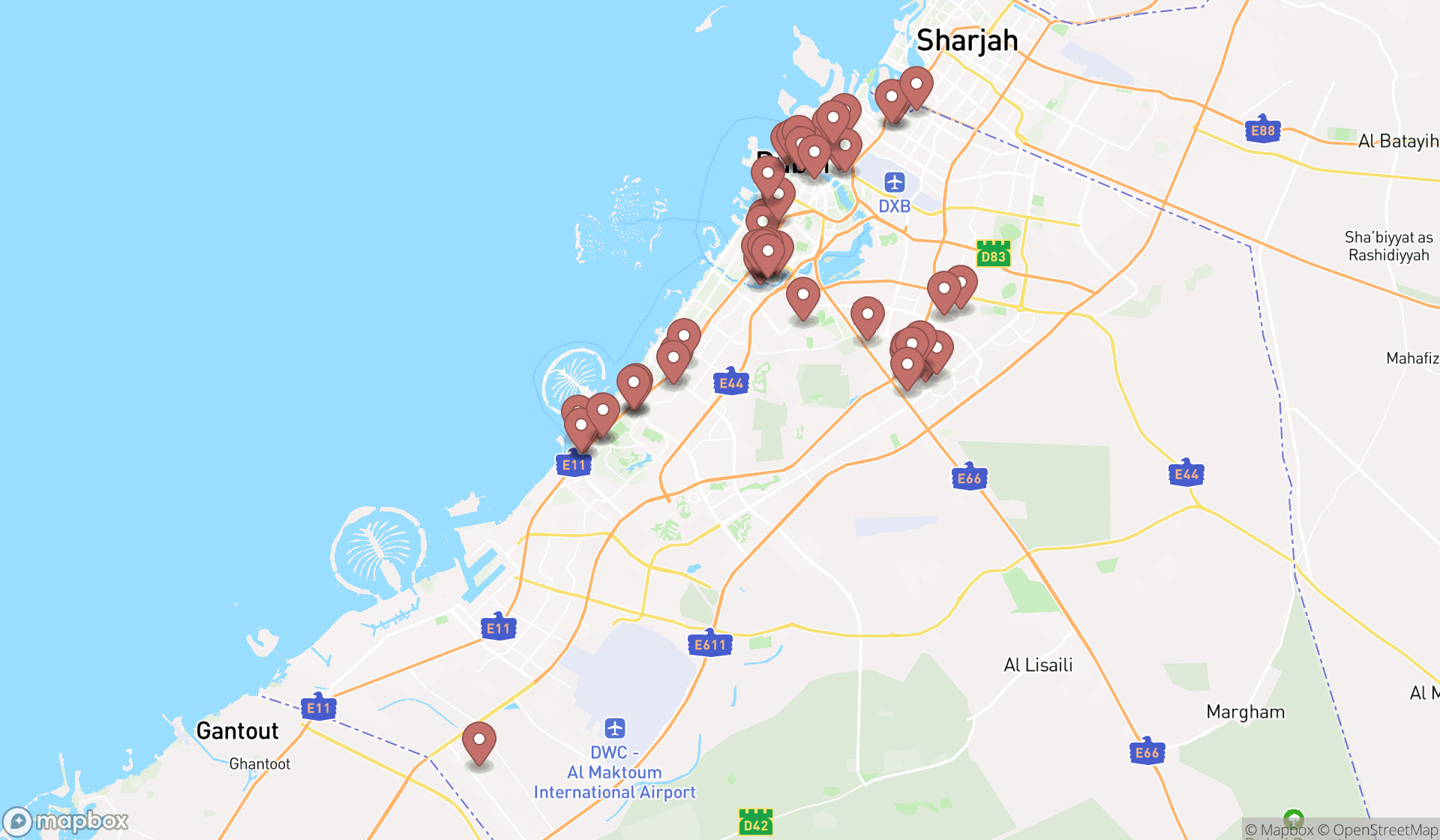Map showing the search results in Dubai