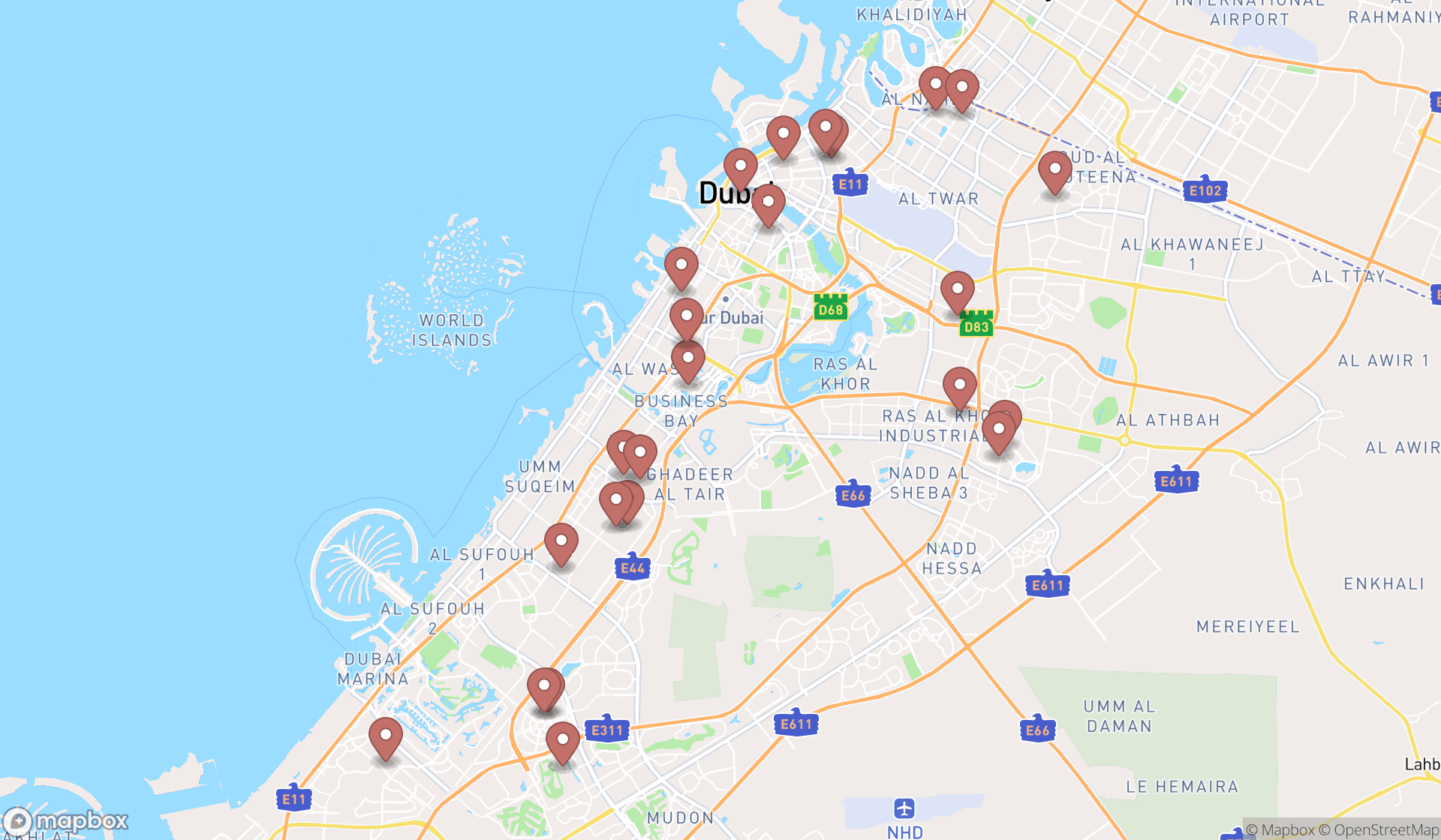 Map showing the search results in Dubai