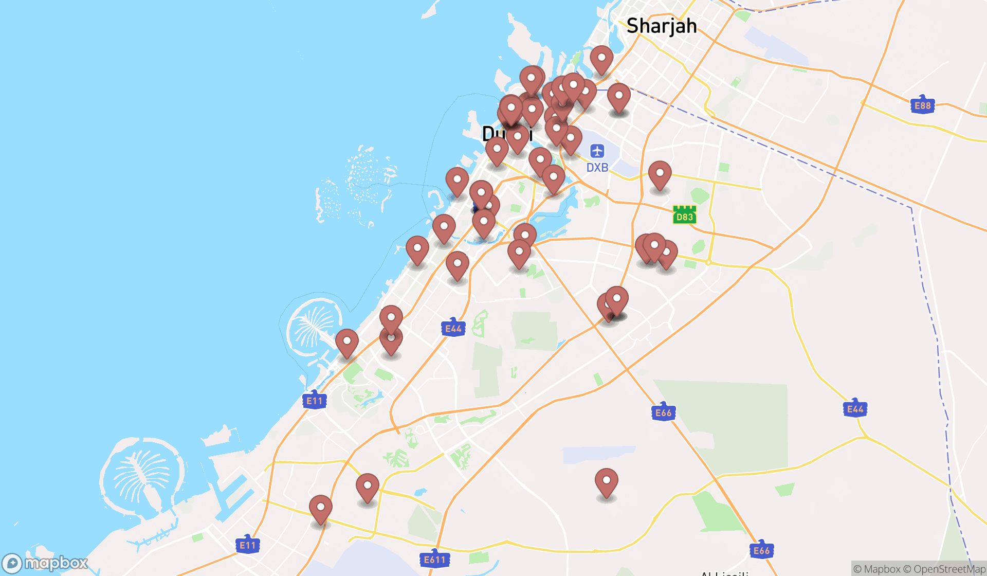Map showing the search results in Dubai